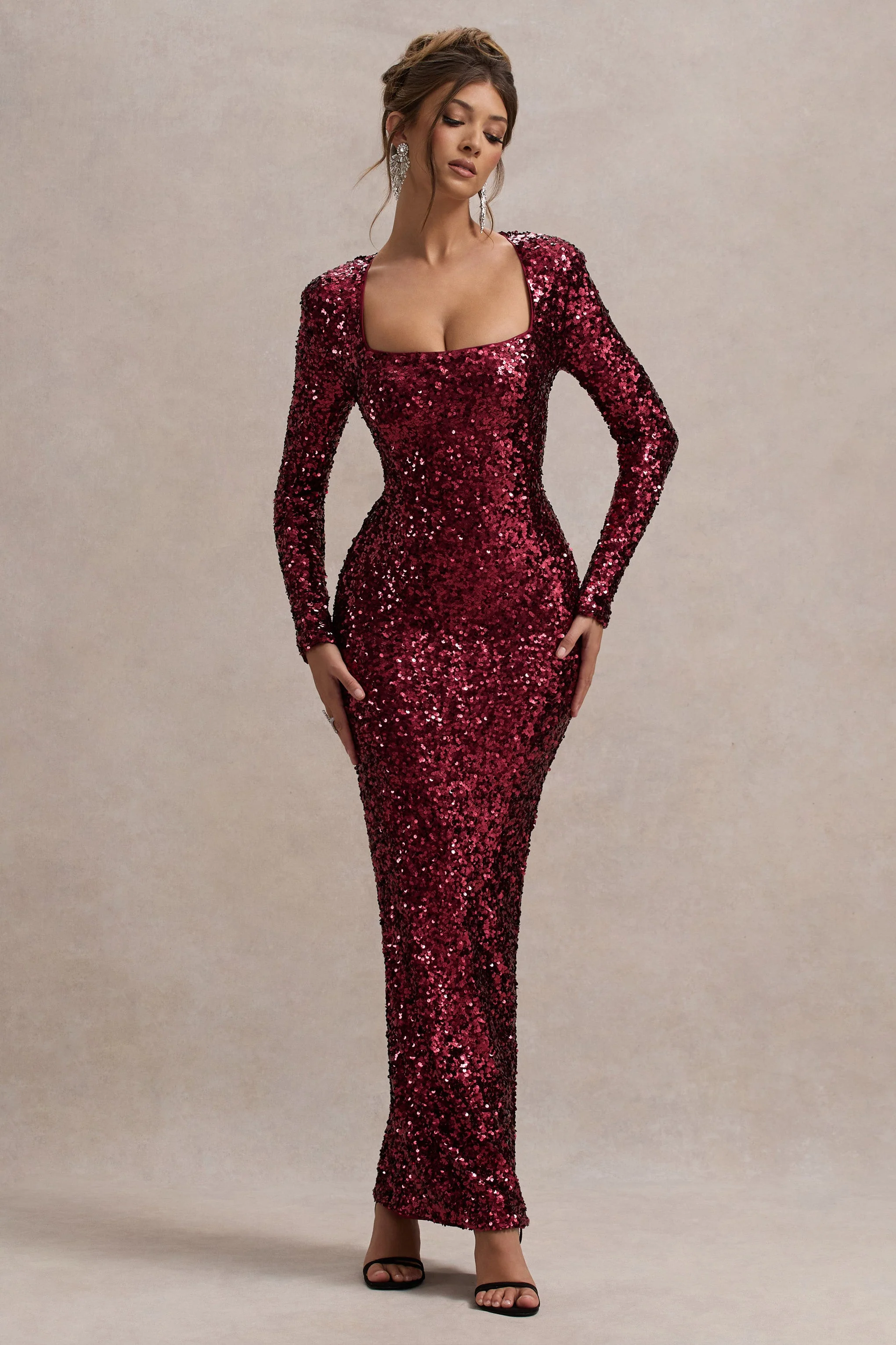 My Dream | Port Sequin Square-Neck Long-Sleeve Maxi Dress