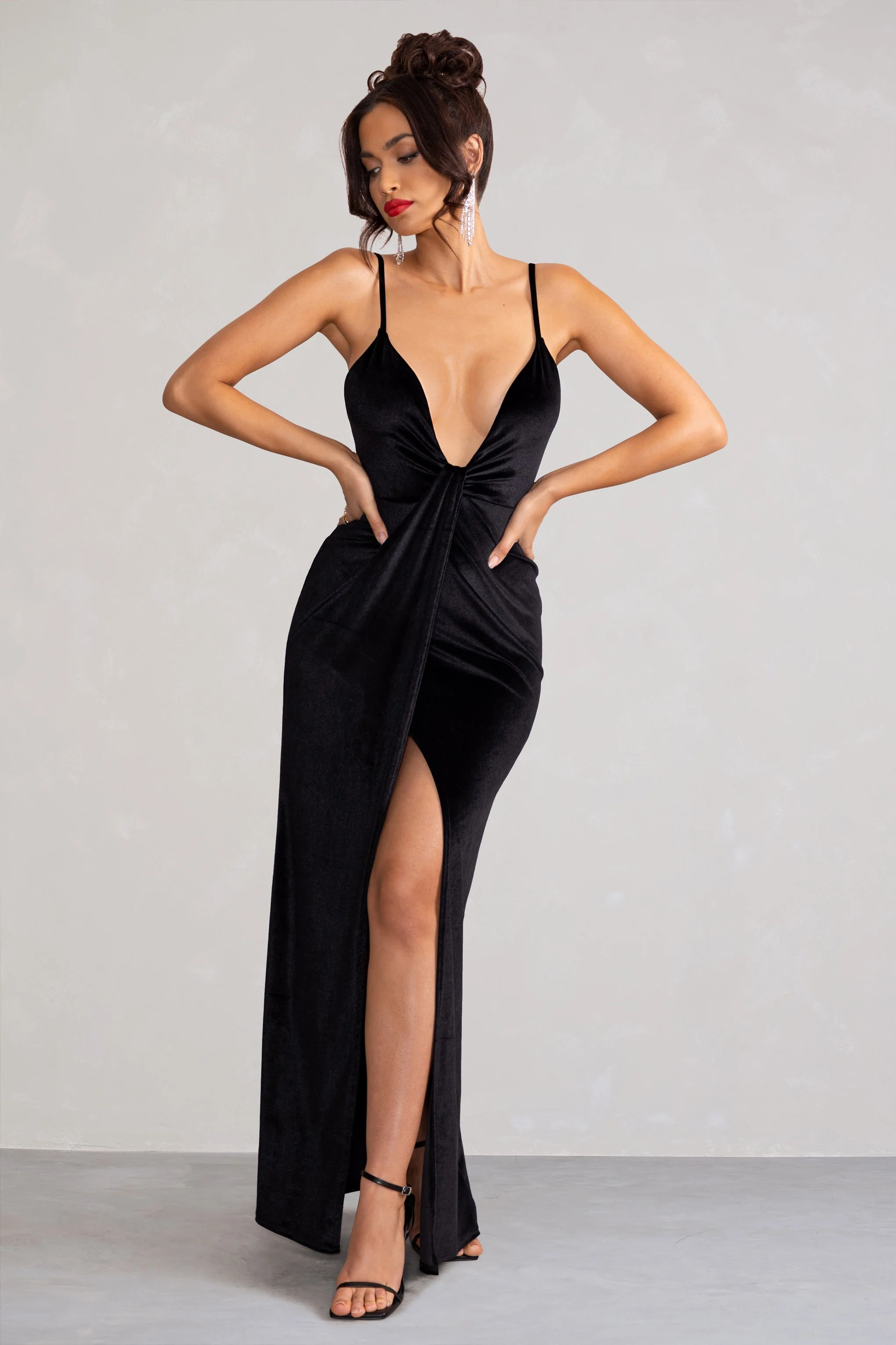 Miranda | Black Velvet Plunge Neck Twist Maxi Dress