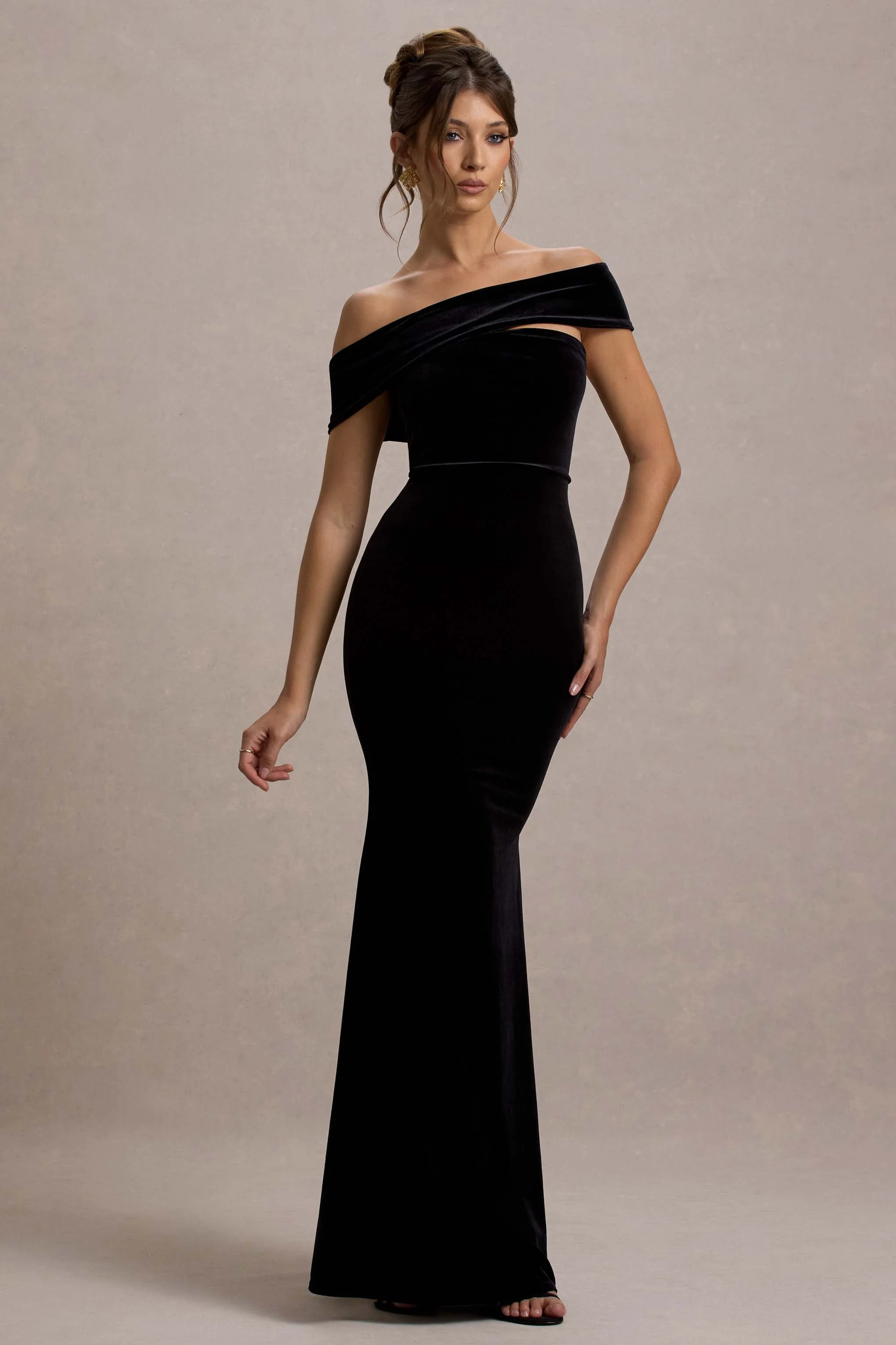 Candela | Black Velvet Asymmetric Bardot Maxi Dress
