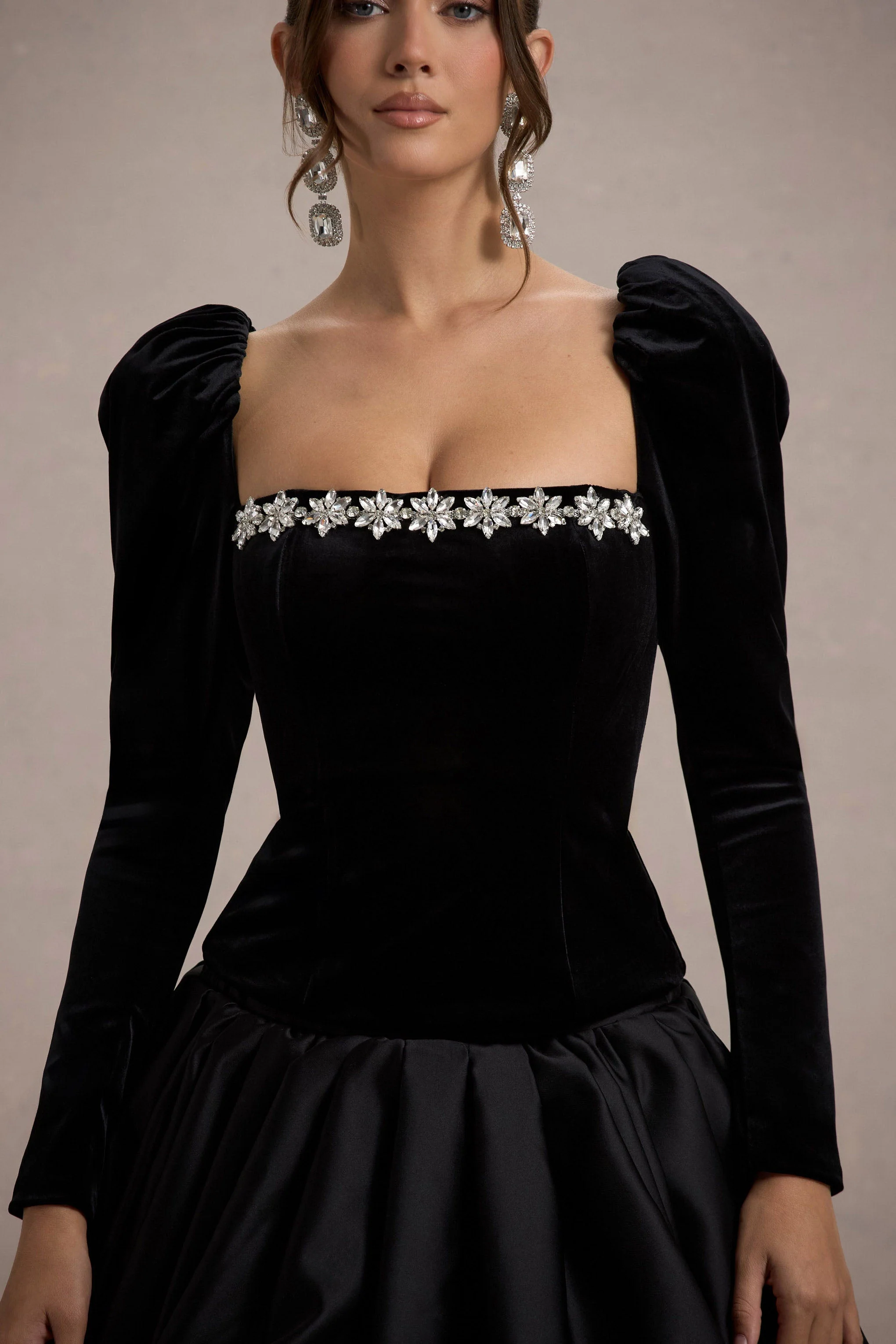 Tazmin | Black Velvet Embellished Square-Neck Top