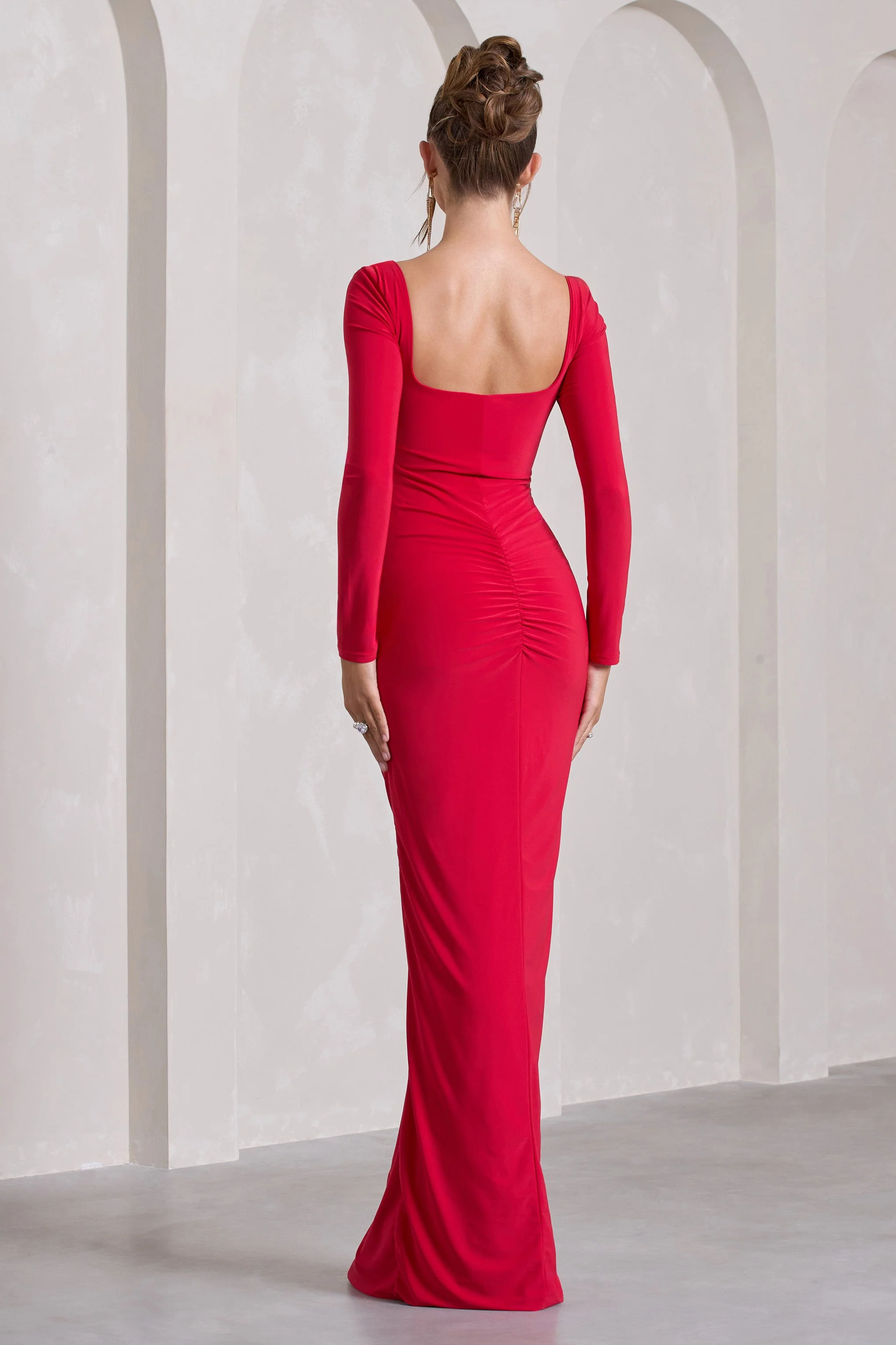 My Pleasure | Red Square Neck Ruched Maxi Dress