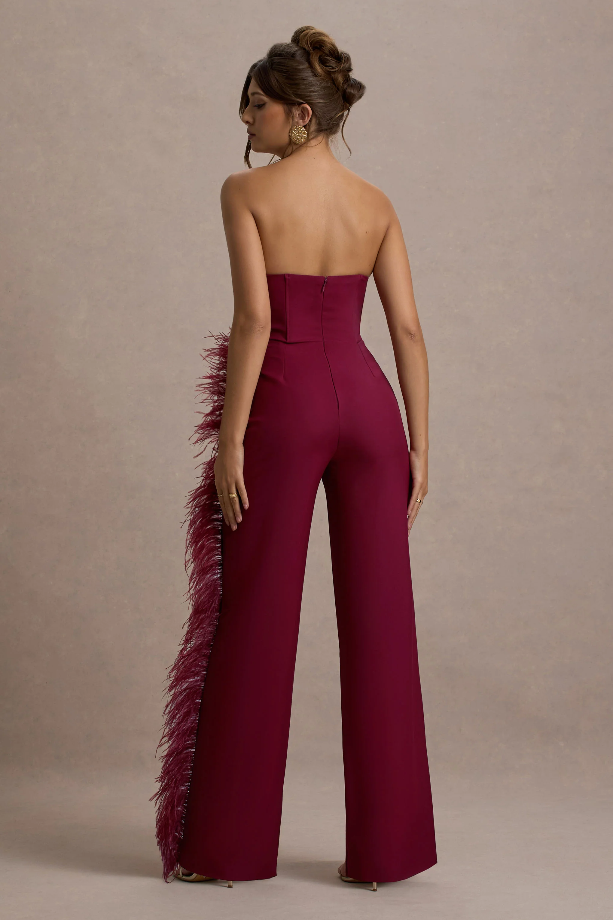 Topic Of Talk | Burgundy Strapless Bandeau Wide-Leg Jumpsuit With Feather Trim