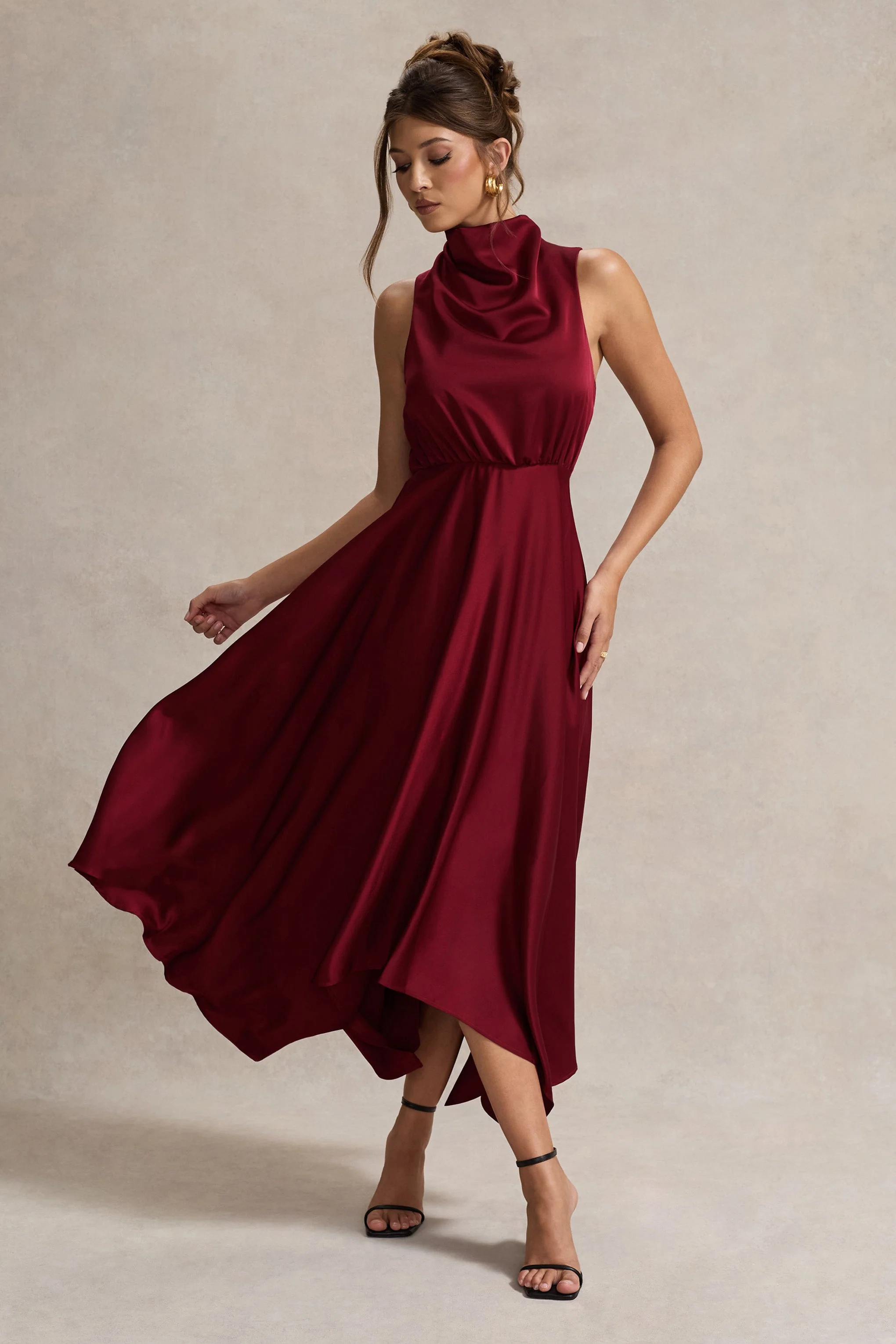 Kerri | Berry Satin Cowl-Neck Maxi Dress