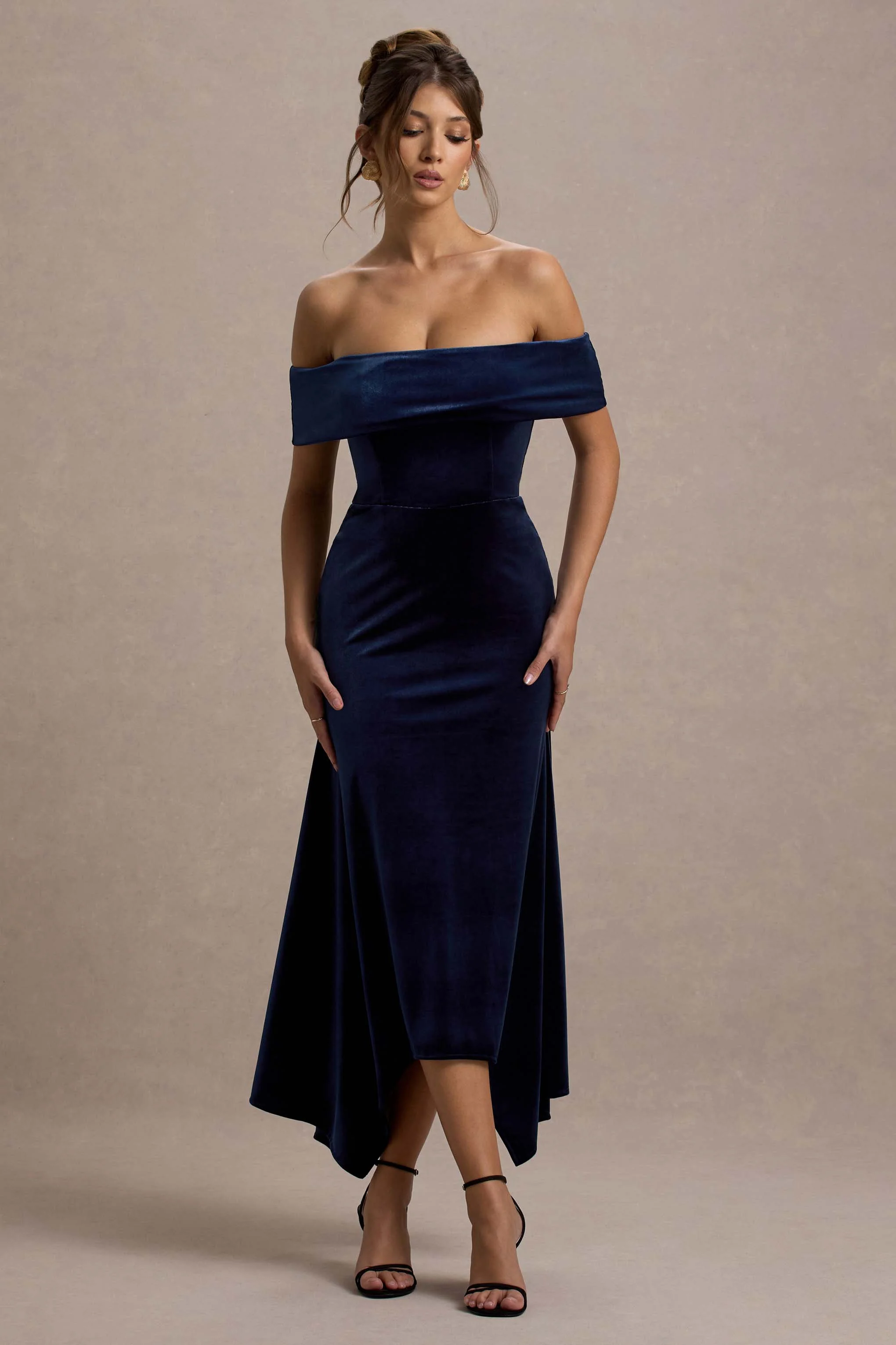 Halia | Navy Velvet Bardot Maxi Dress