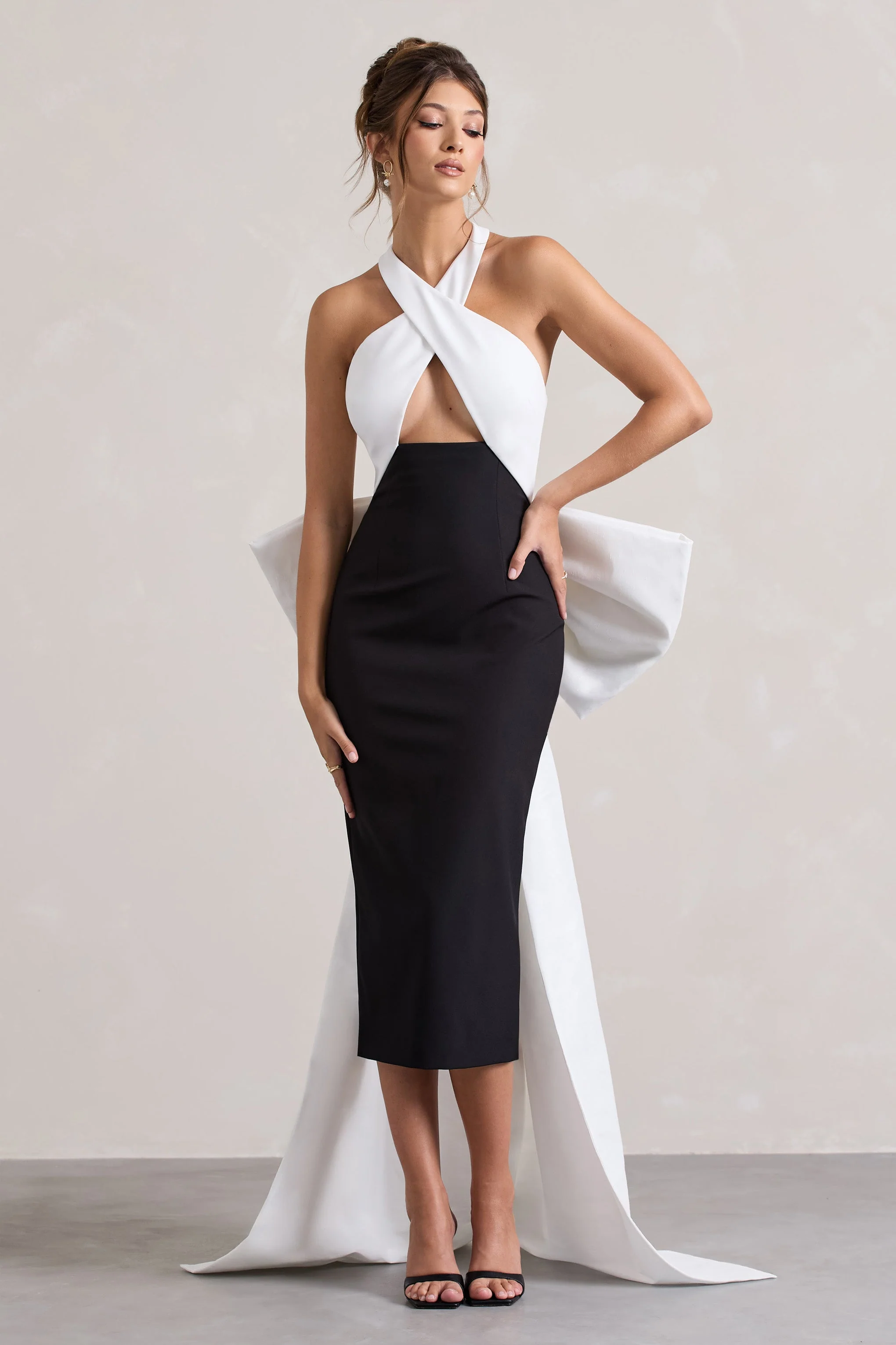 Blanca | Black & White Halter-Neck Cut-Out Midi Dress With Oversized Bow