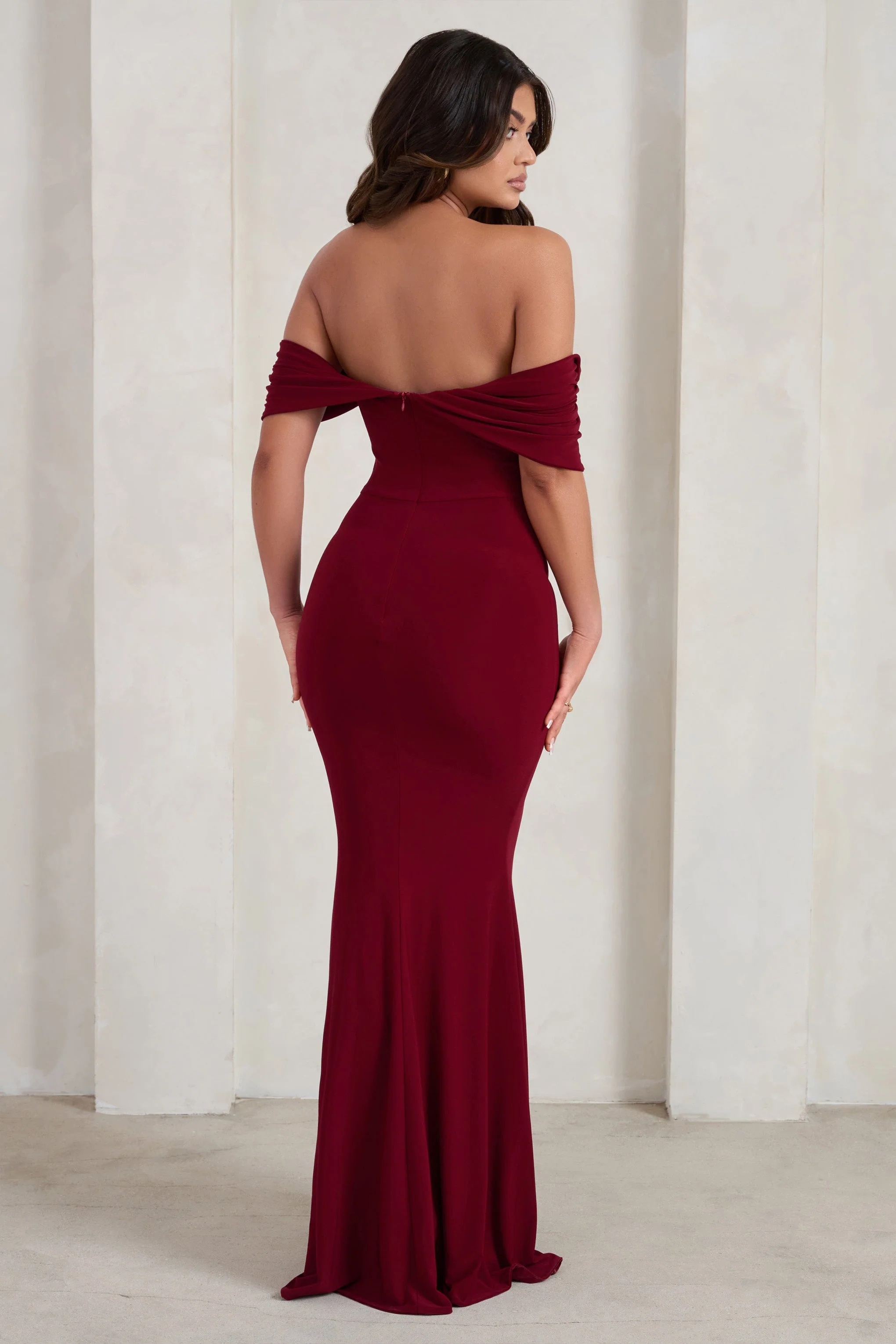 Gabrielle | Berry Red Bardot Neckline With Drape Sleeves Maxi Dress