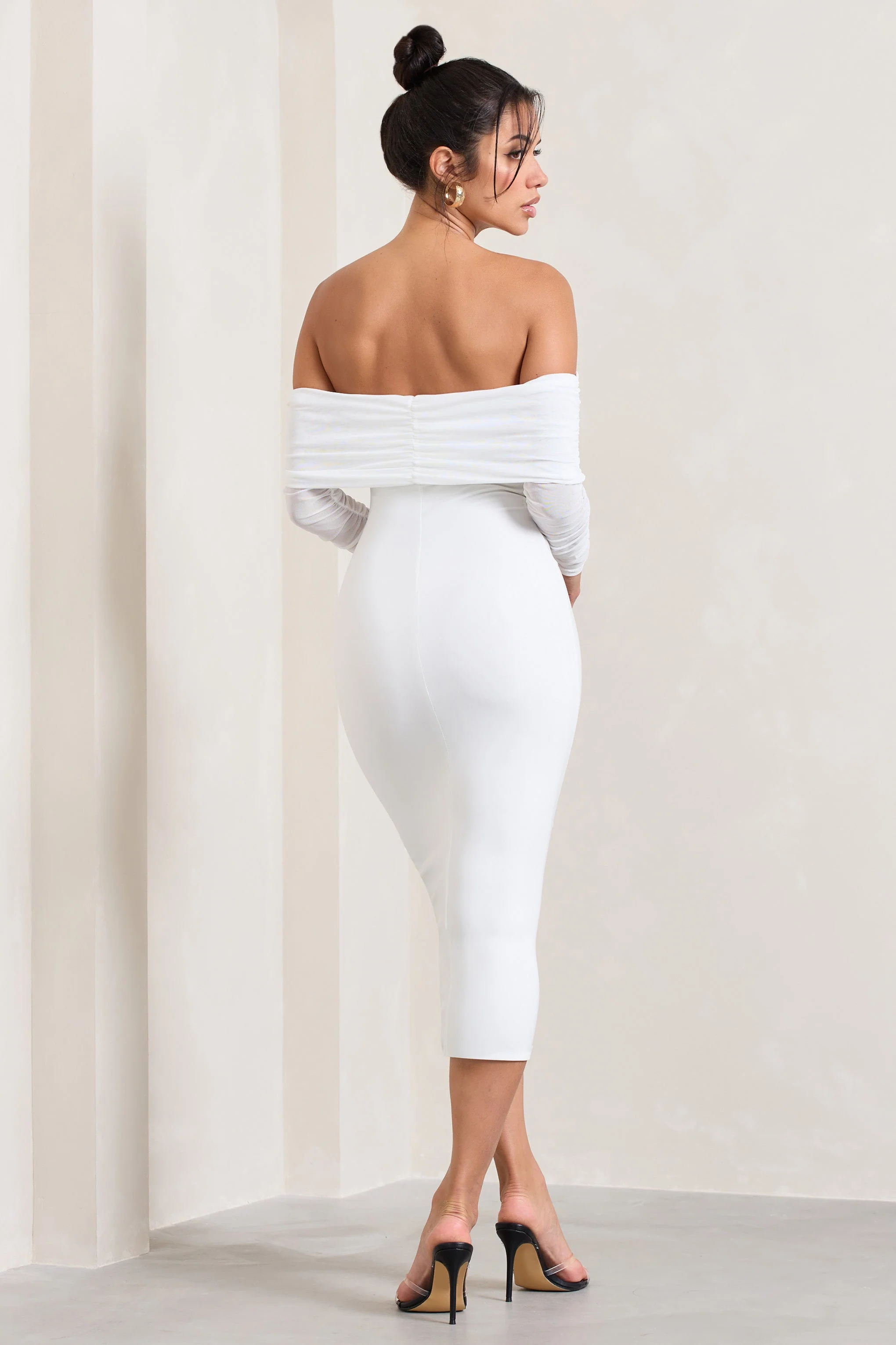 Only You | Ivory Ruched Mesh Bardot Midi Dress