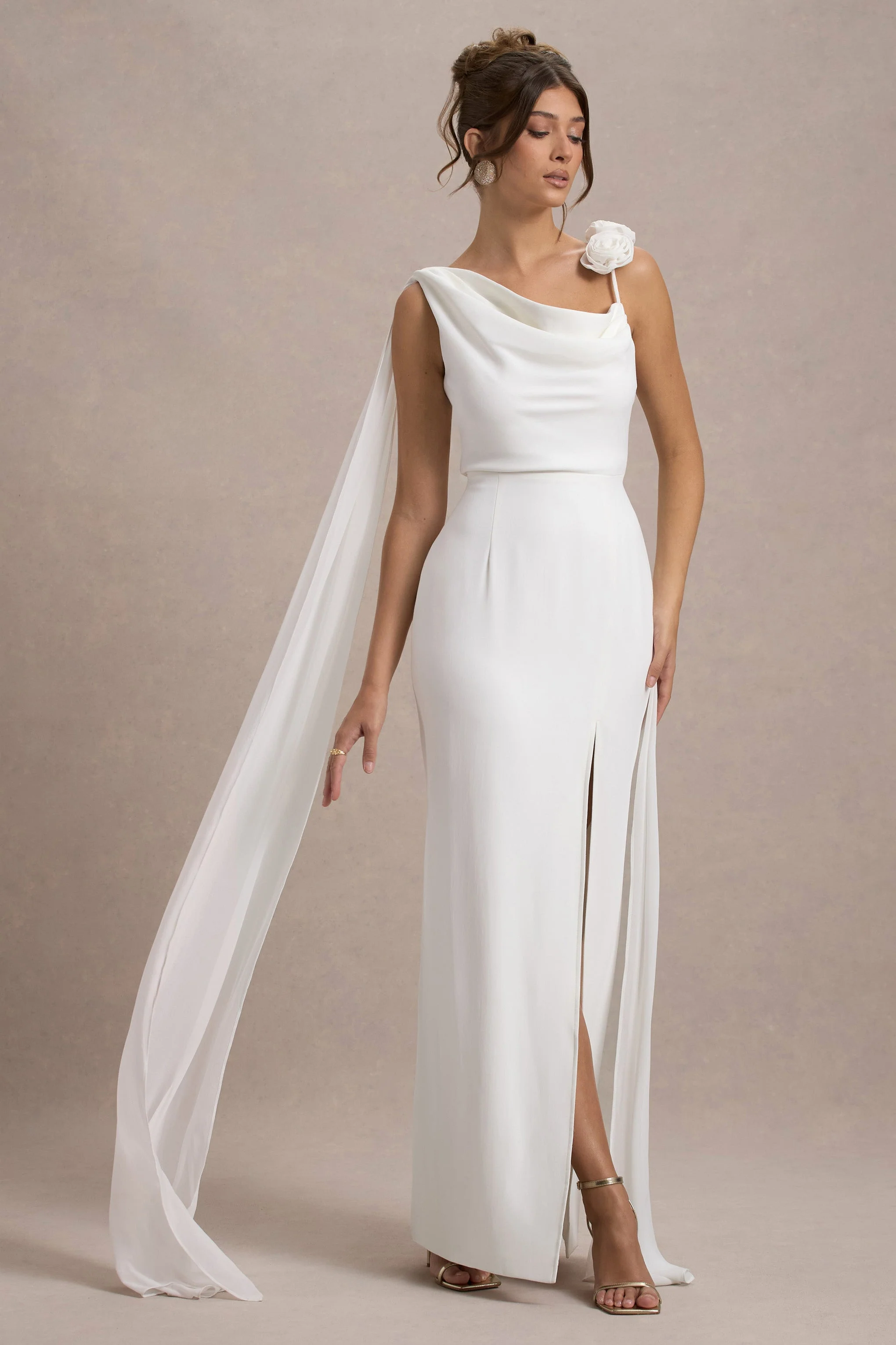 Angeline | White Chiffon Draped Split Maxi Dress With Corsages