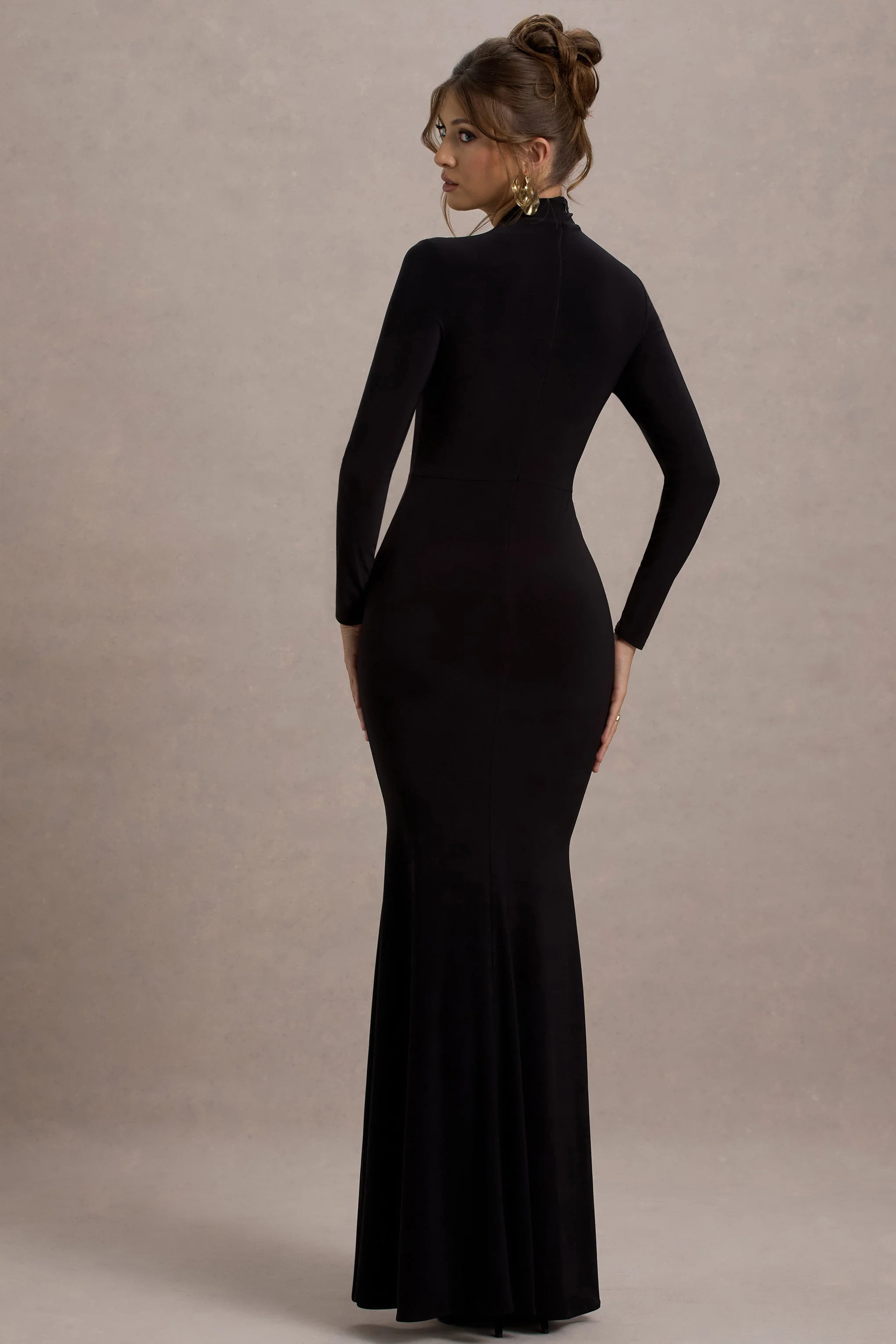 Tova | Black High-Neck Long-Sleeve Fishtail Maxi Dress
