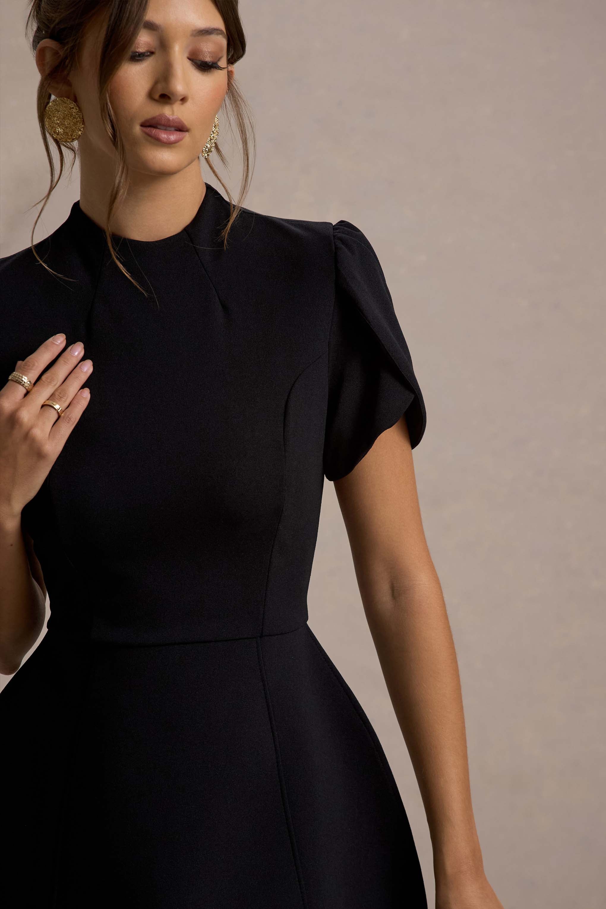 Carabella | Black High-Neck Short-Sleeve Mini Dress