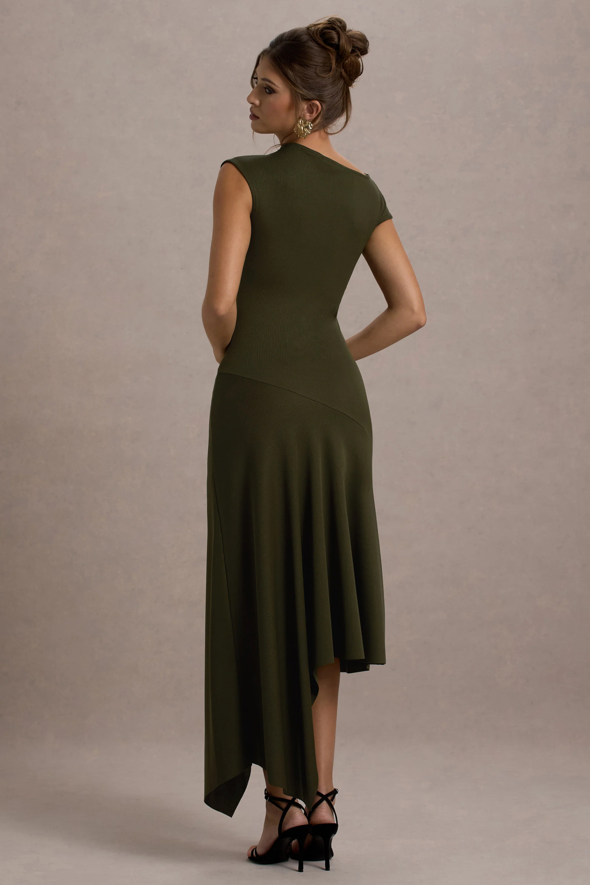 Ondine | Khaki Asymmetric Draped Midi Dress