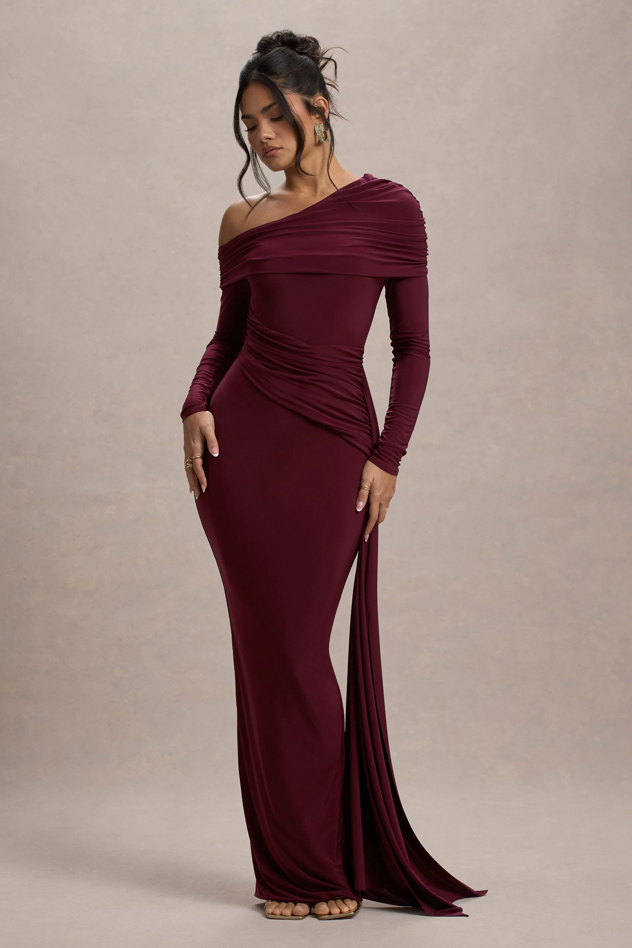 Valina | Burgundy Ruched Asymmetric Maxi Dress With Drape