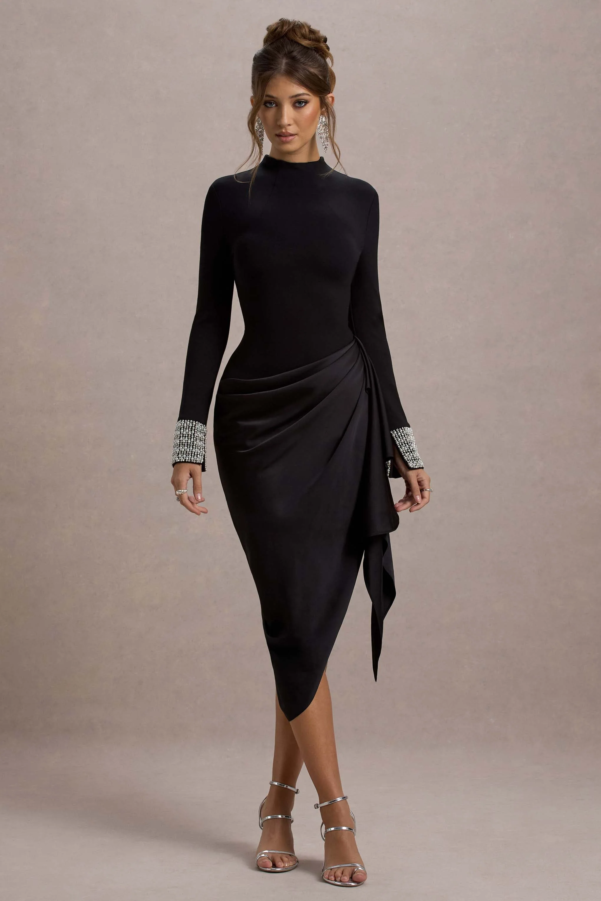 Luanna | Black Satin Long-Sleeve Midi Dress With Draped Skirt