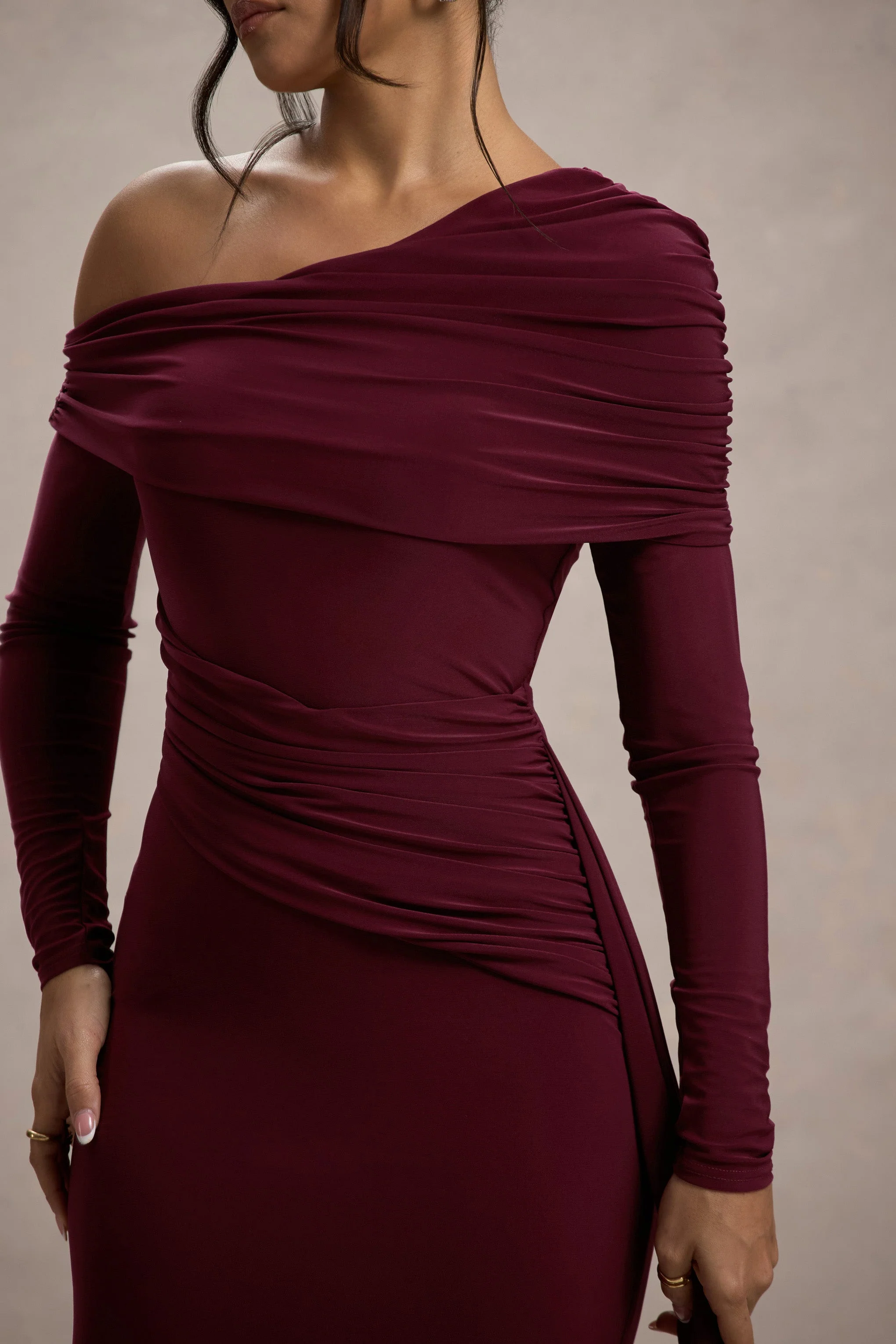 Valina | Burgundy Ruched Asymmetric Maxi Dress With Drape