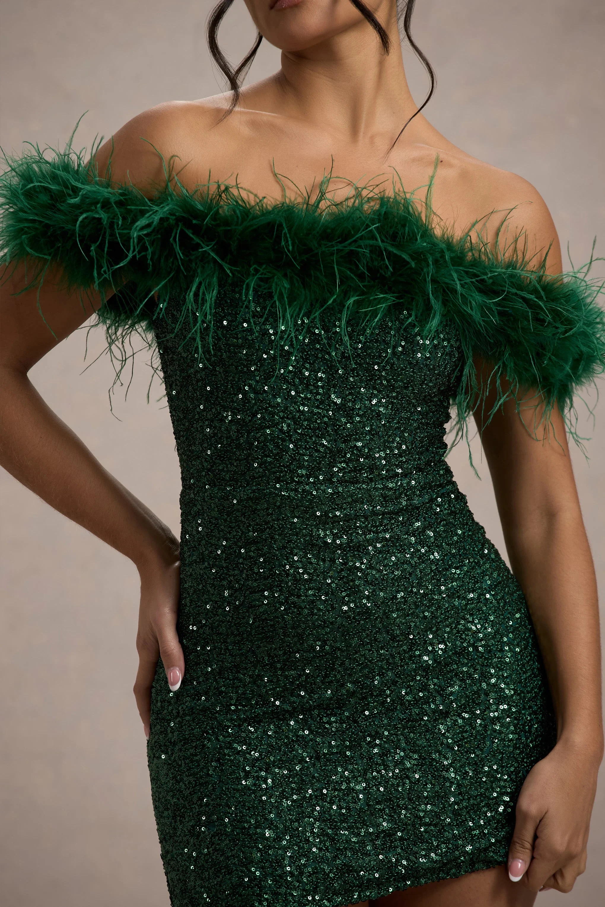 New Money | Green Bodycon Sequin Mini Dress With Feather Trim
