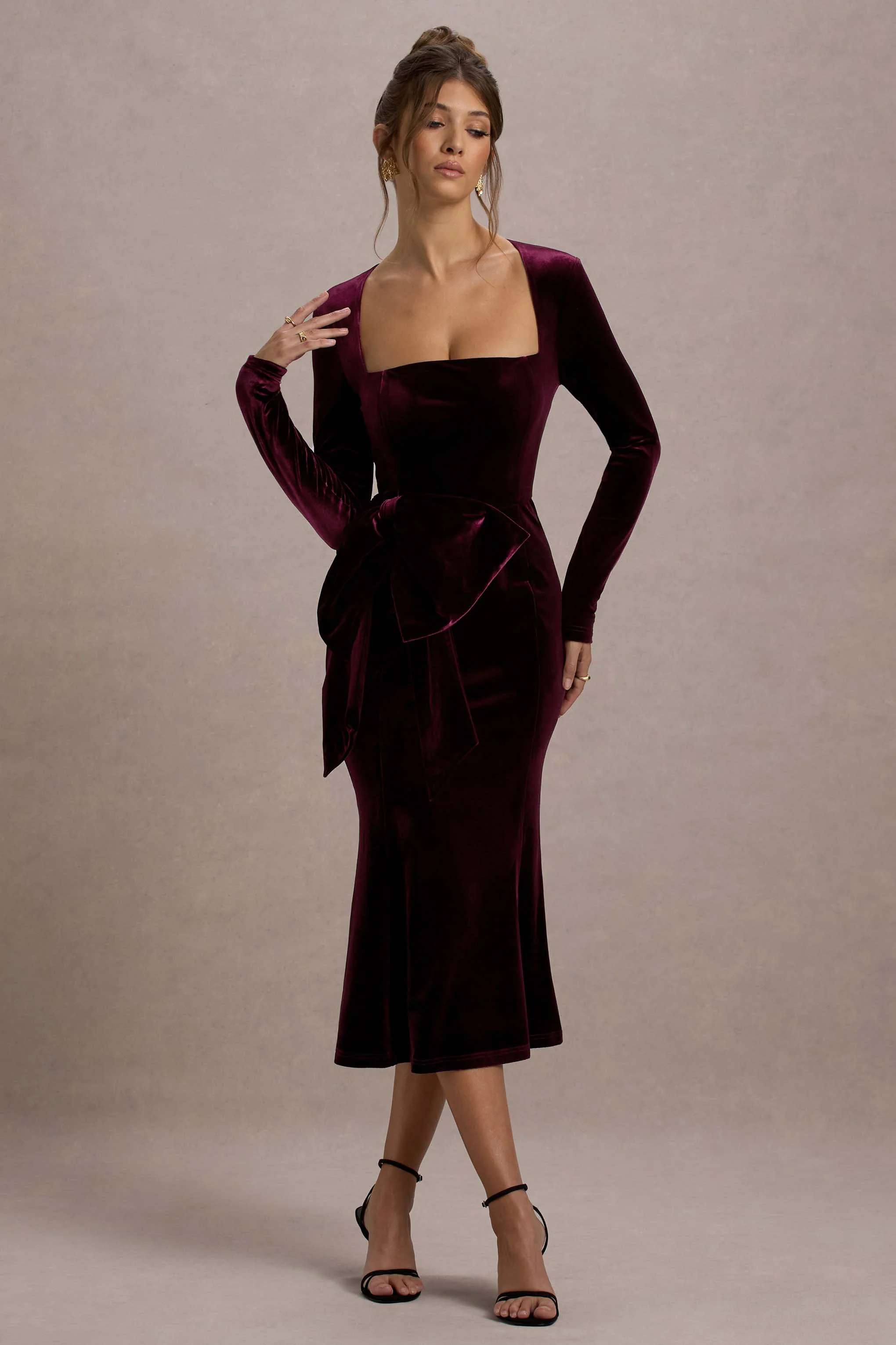 Gemima | Port Velvet Square-Neck Midi Dress With Bow