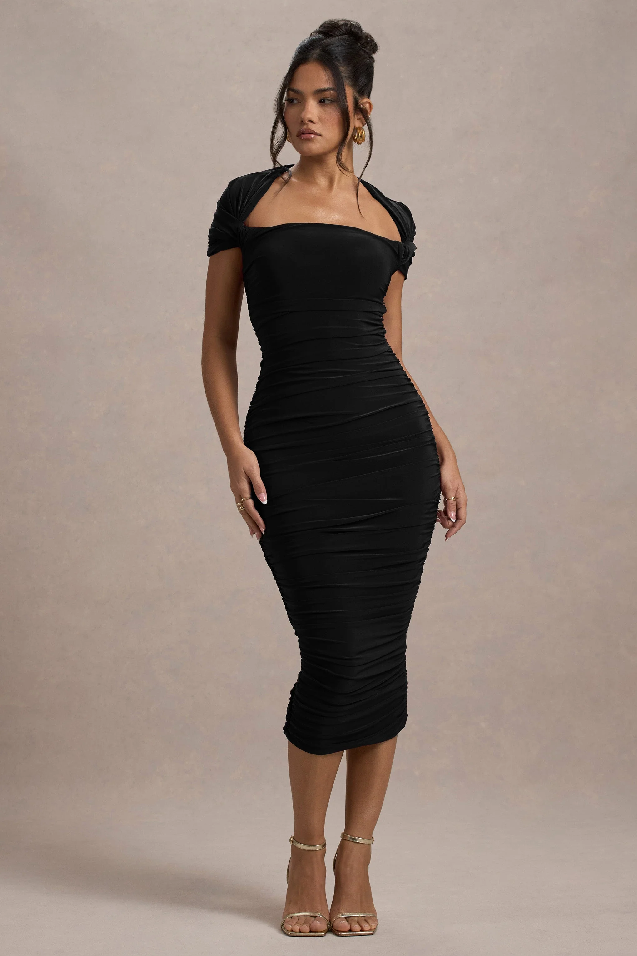 Paxos | Black Ruched Short-Sleeve Midi Dress