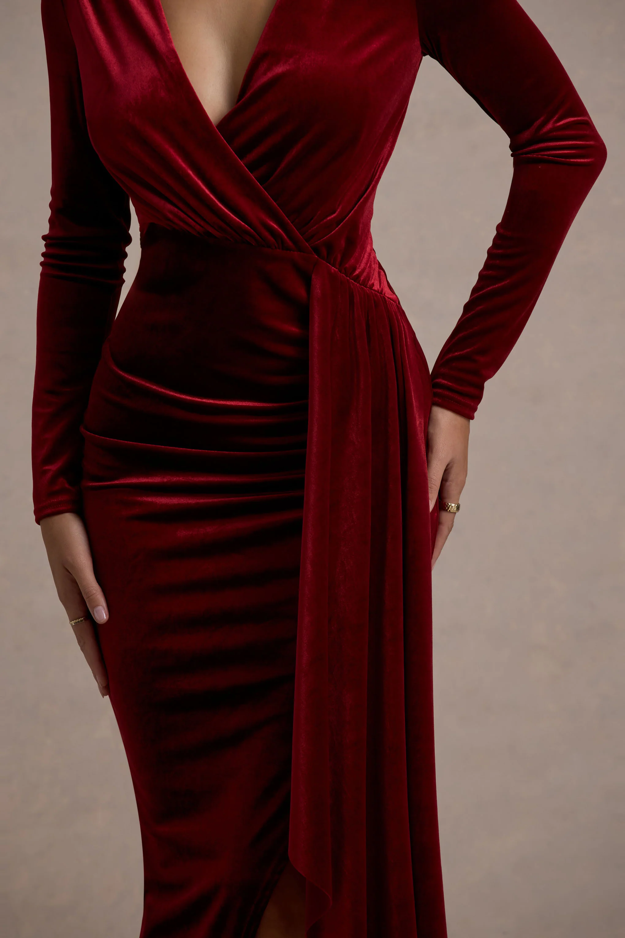 Arcadia | Berry Velvet Plunge-Neck Wrap Maxi Dress