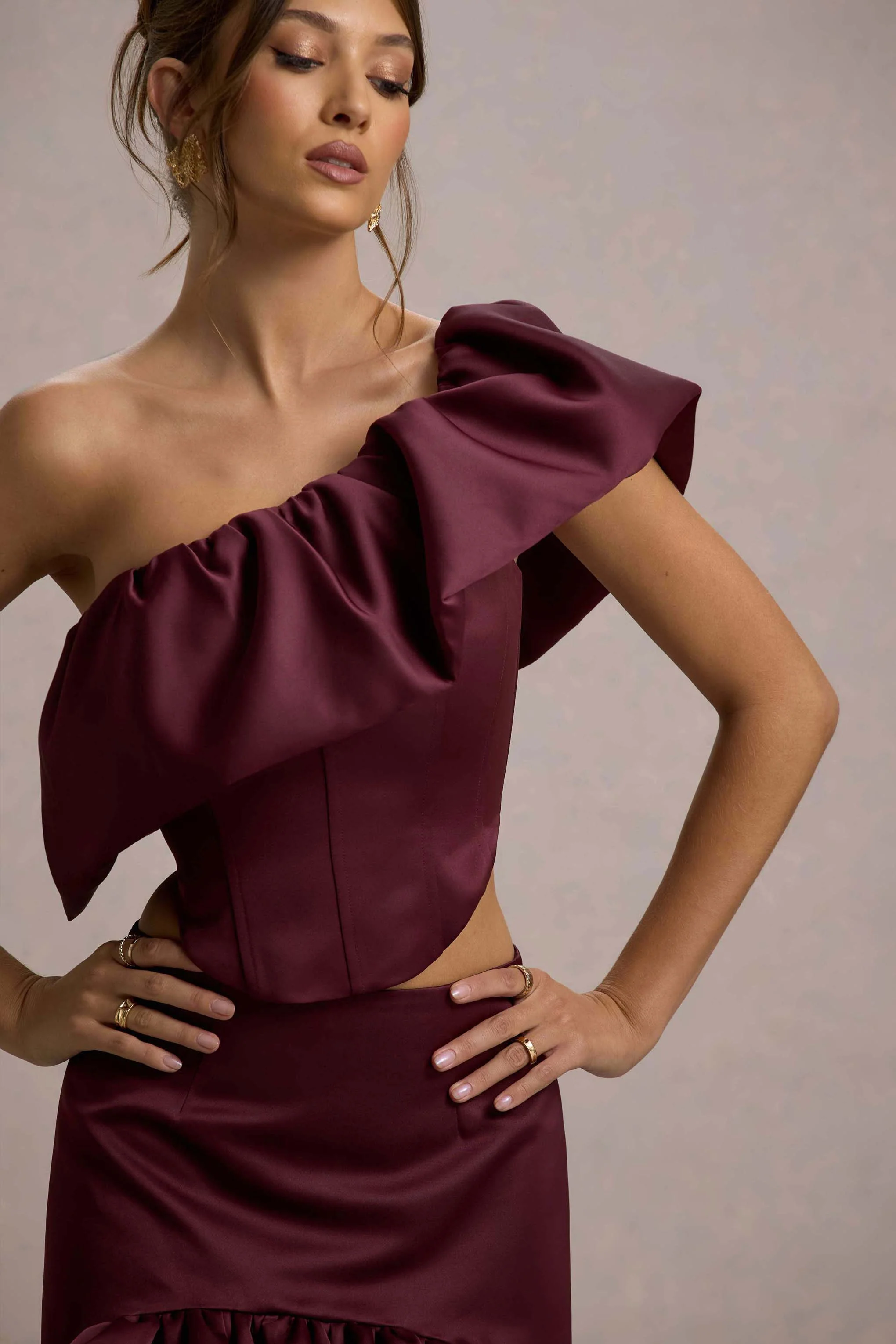 Sandie | Merlot Satin Bardot Ruffled Crop Top