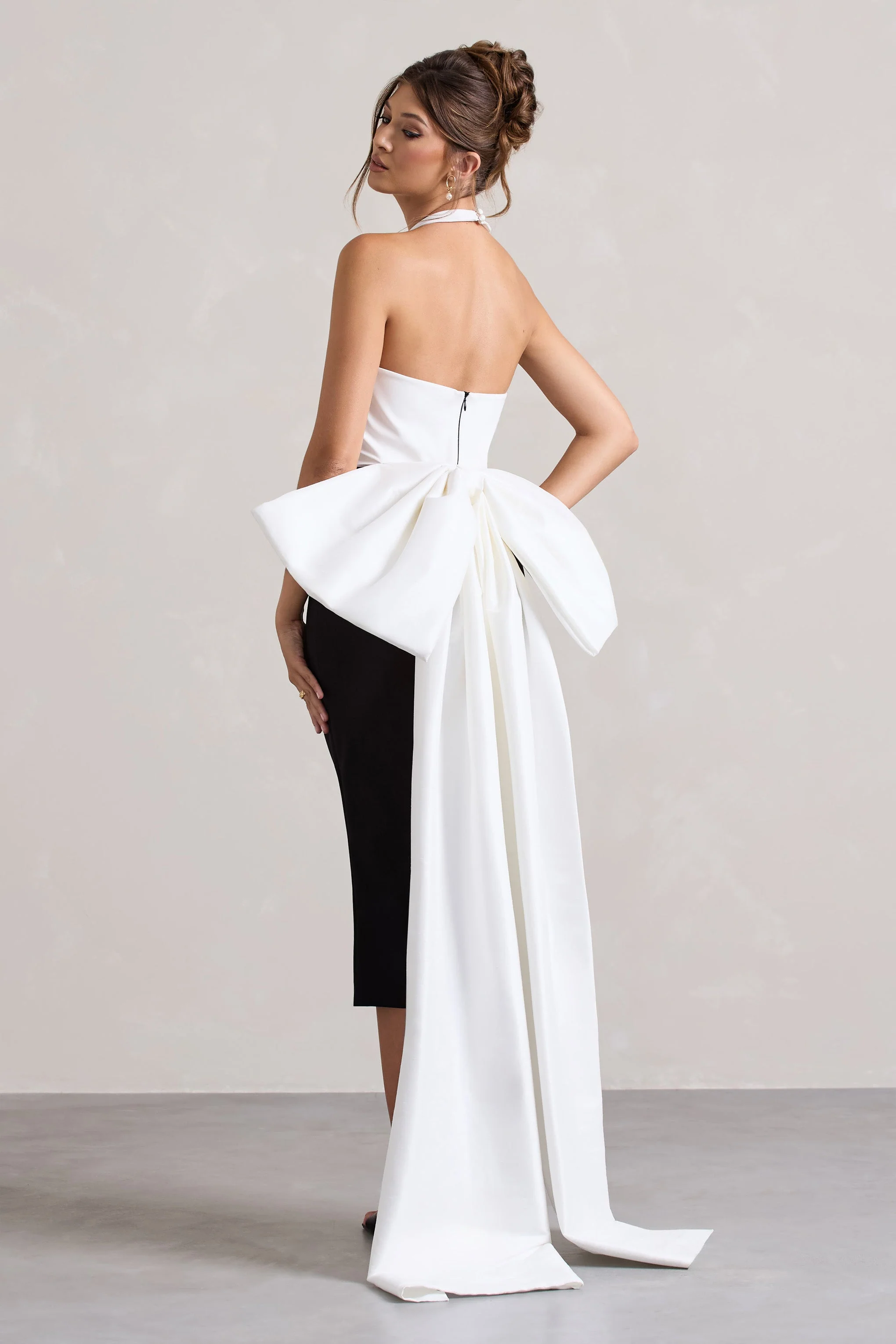 Blanca | Black & White Halter-Neck Cut-Out Midi Dress With Oversized Bow