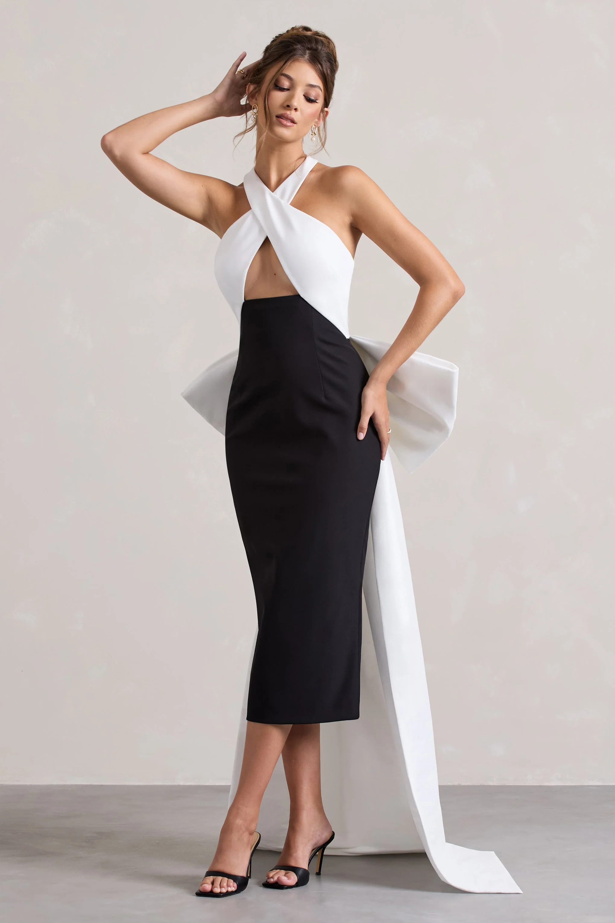 Blanca | Black & White Halter-Neck Cut-Out Midi Dress With Oversized Bow