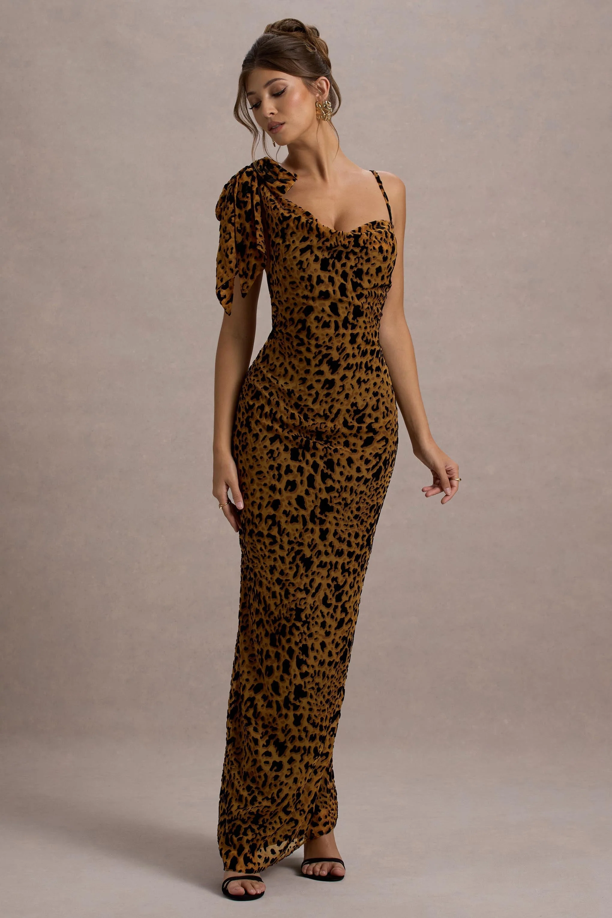 Yasmin | Leopard Print Velvet Strappy Maxi Dress With Bow