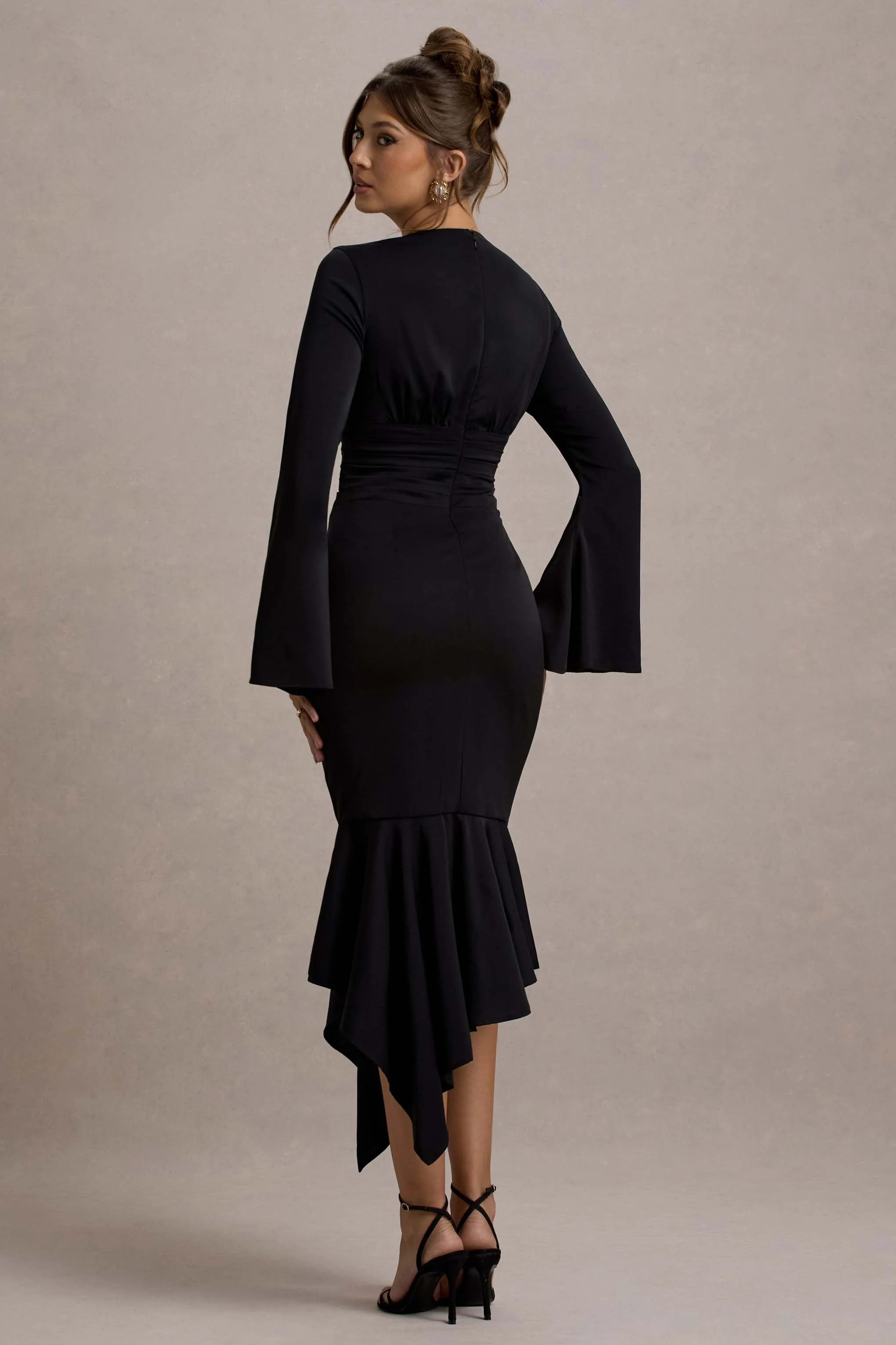 Rehna | Black Plunge-Neck Bell-Sleeve Midi Dress