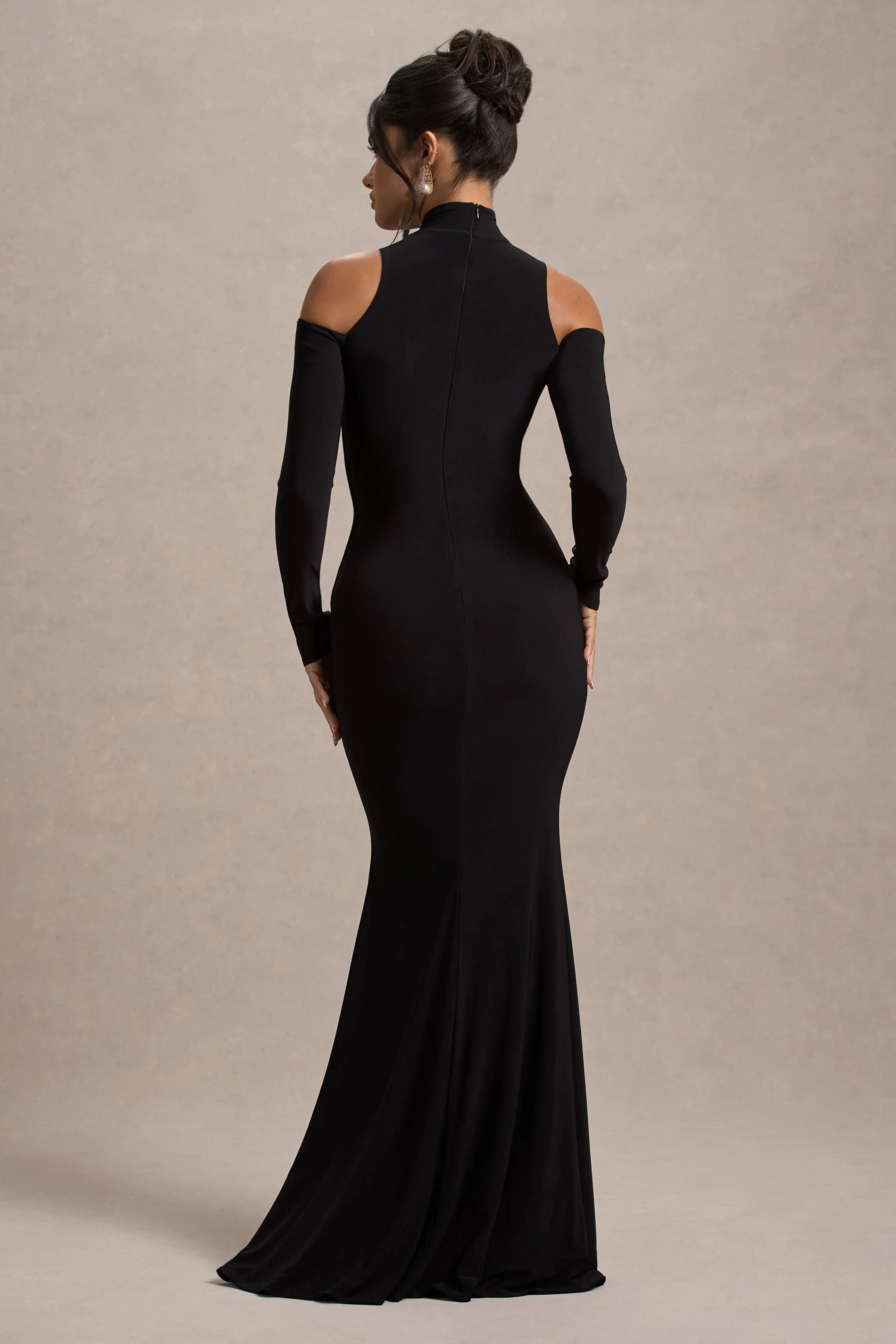 Catarina | Black Turtle-Neck Long-Sleeve Maxi Dress With Cold Shoulders