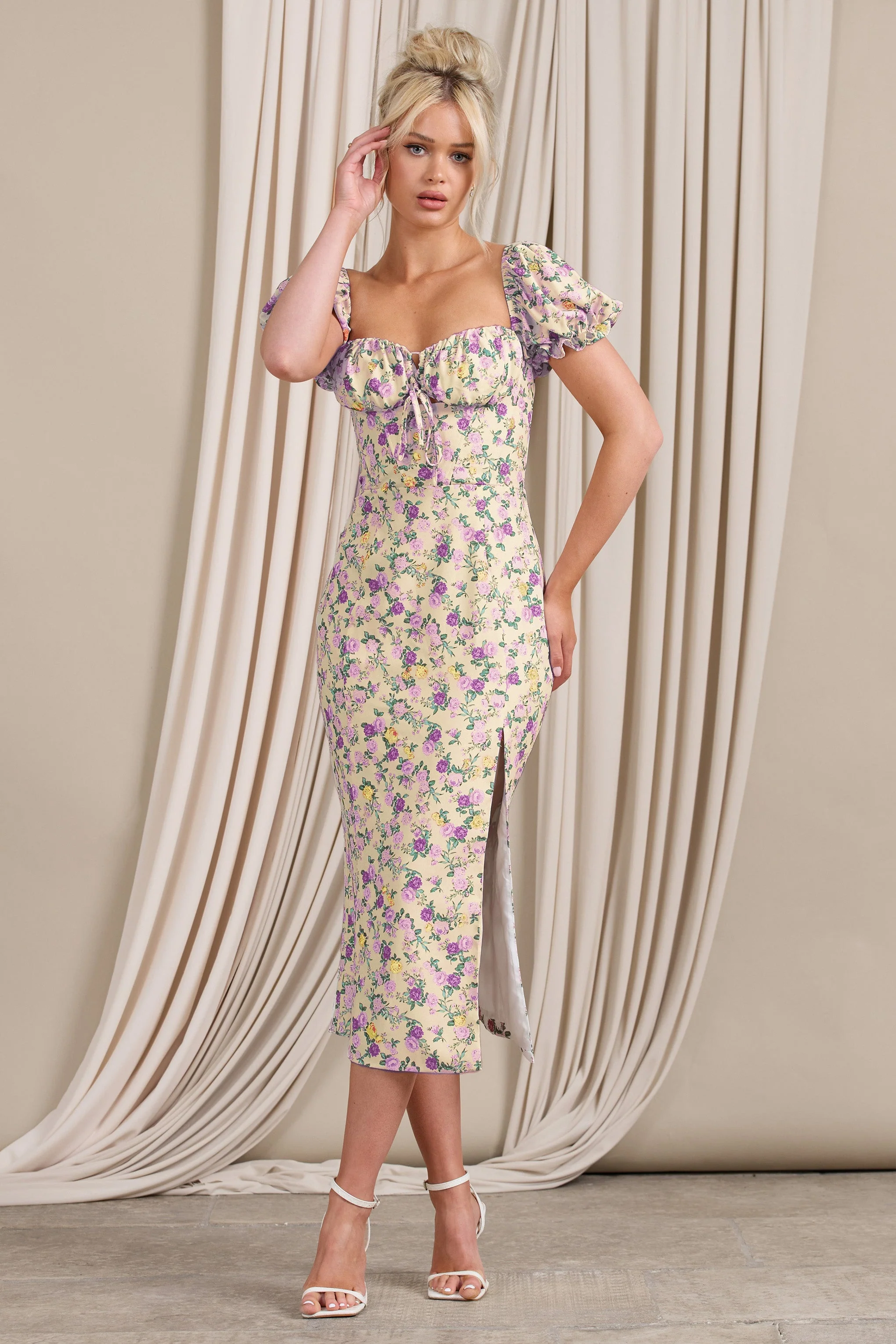 Two Scoops | Yellow Floral Puff-Sleeved Corset Split Midi Dress