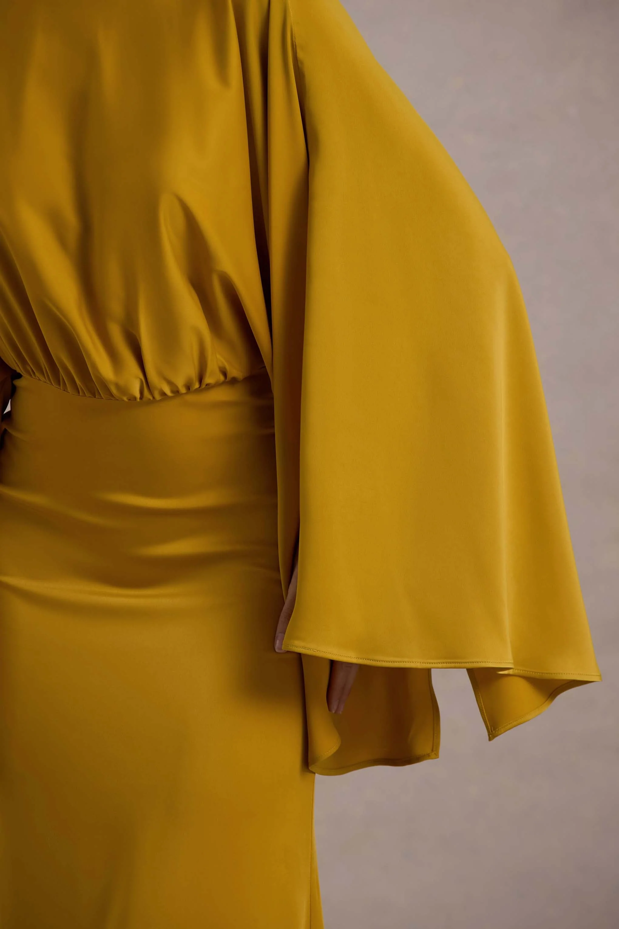 Zuzanna | Mustard Draped Maxi Dress With Cape Sleeves