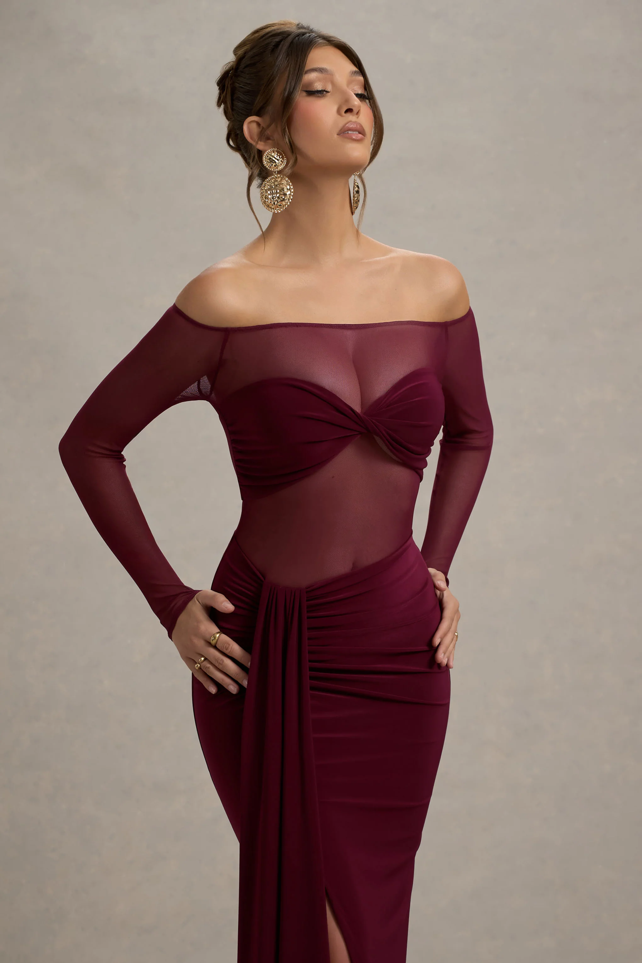 Cover Star | Burgundy Mesh Bardot Long-Sleeve Draped Maxi Dress