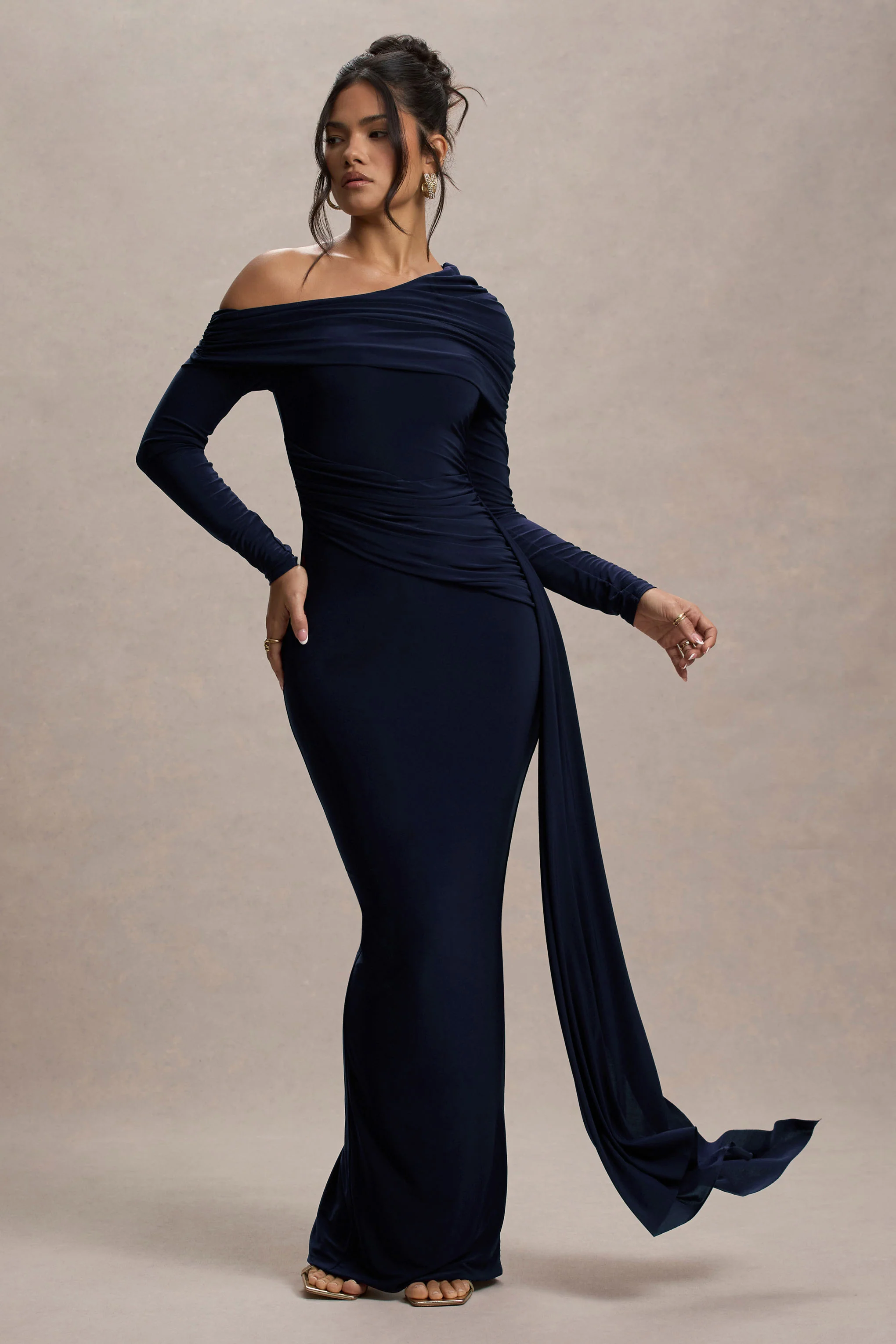 Valina | Navy Ruched Asymmetric Maxi Dress With Drape