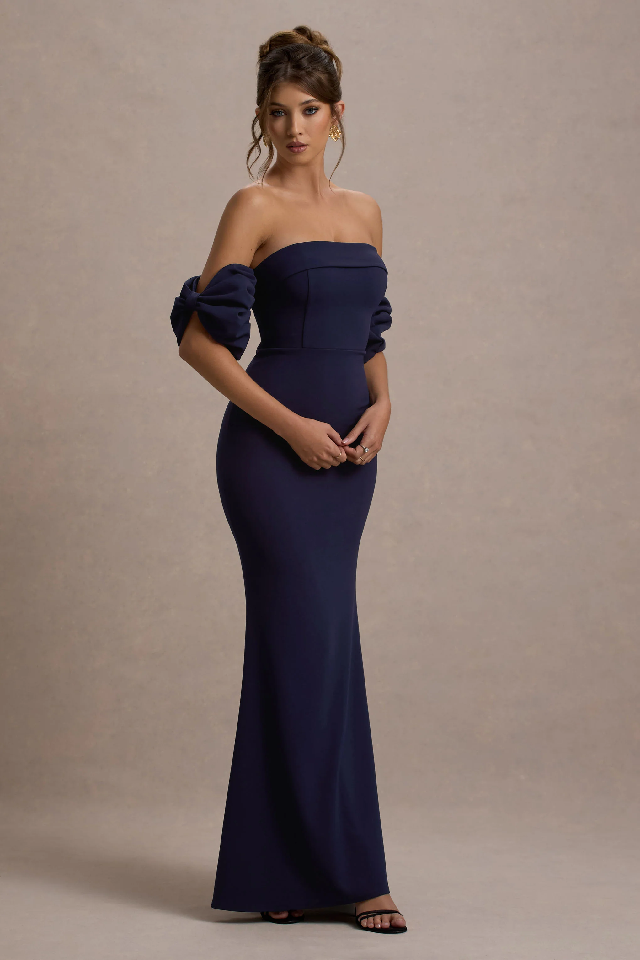 Alaine | Navy Bardot Maxi Dress With Bow Sleeves