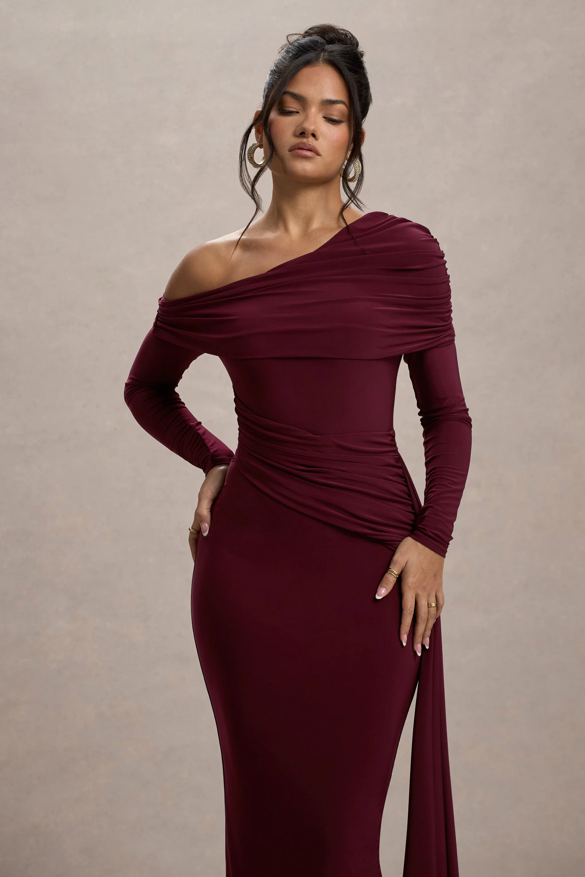 Valina | Burgundy Ruched Asymmetric Maxi Dress With Drape