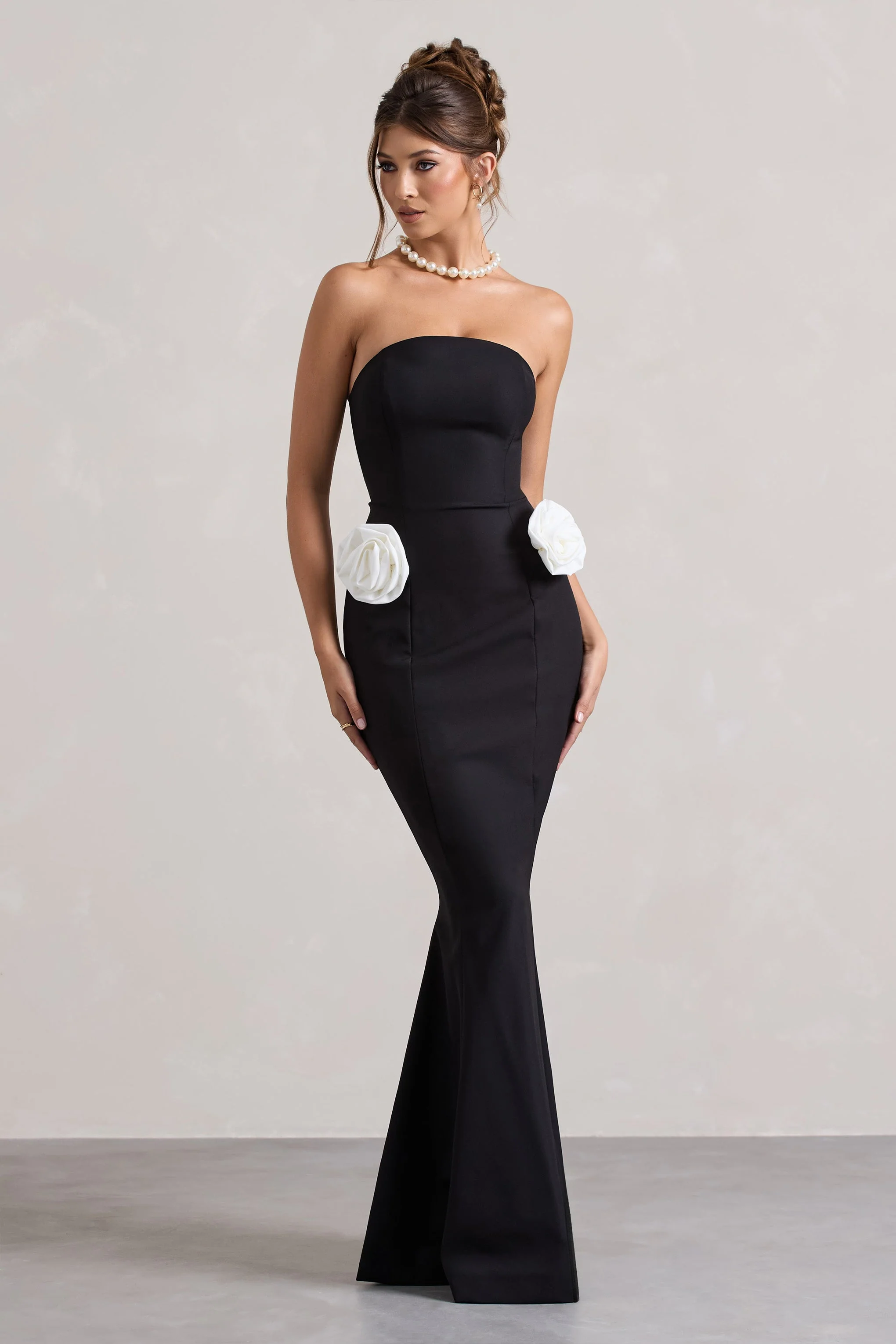Best Of The Best | Black Strapless Fishtail Maxi Dress With Corsages