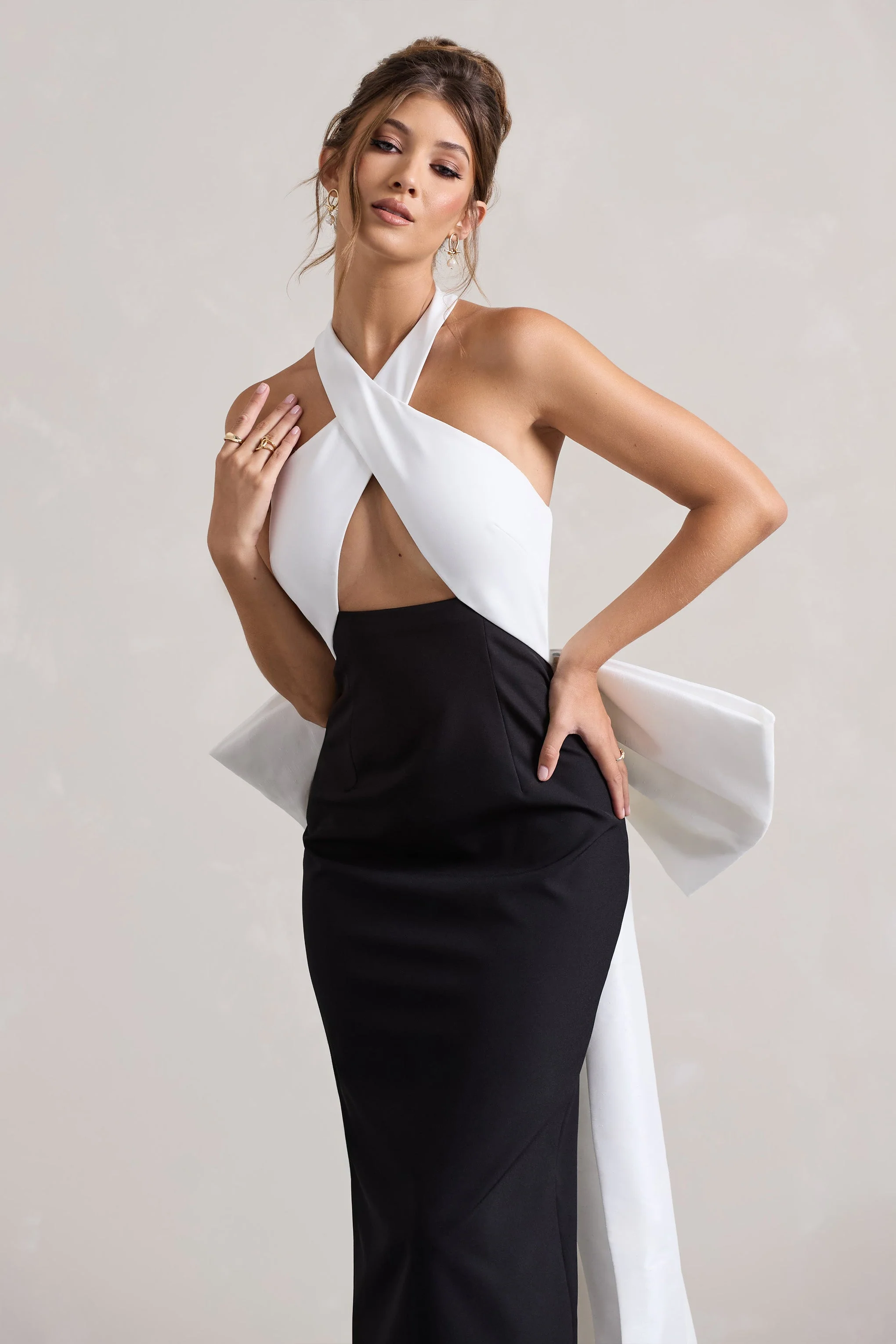 Blanca | Black & White Halter-Neck Cut-Out Midi Dress With Oversized Bow