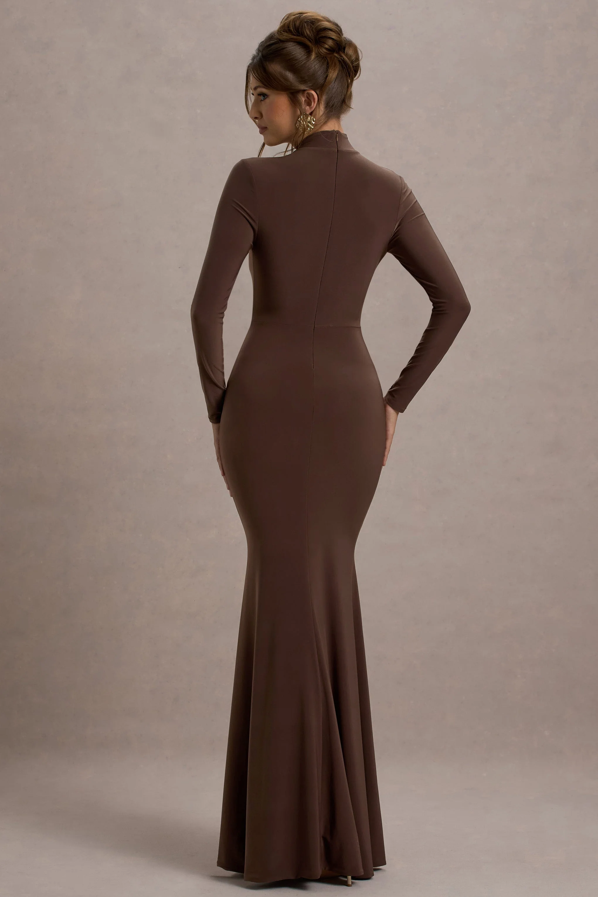 Tova | Chocolate High-Neck Long-Sleeve Fishtail Maxi Dress