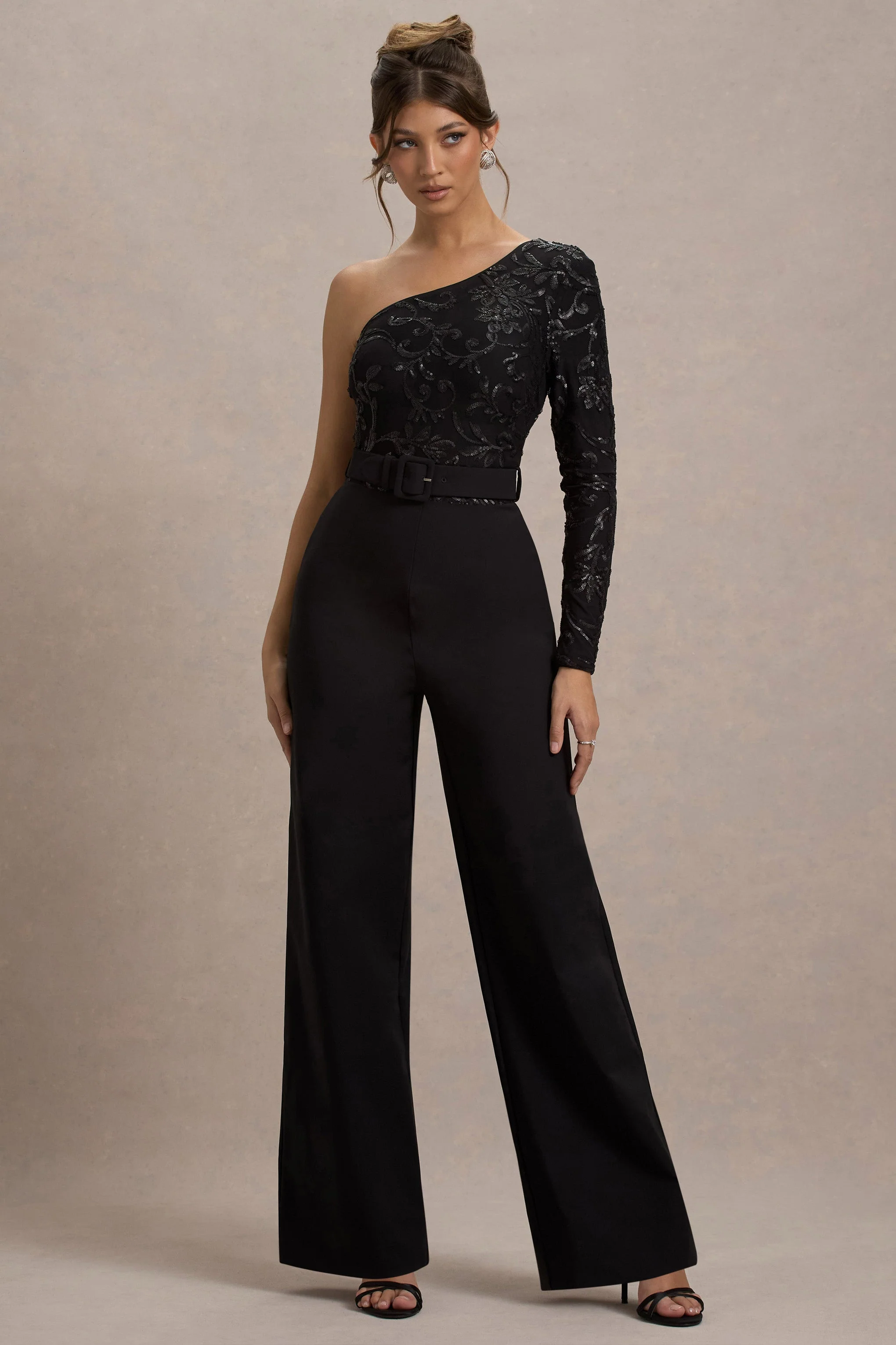 Upgrade | Black Lace Asymmetric Belted Wide-Leg Jumpsuit