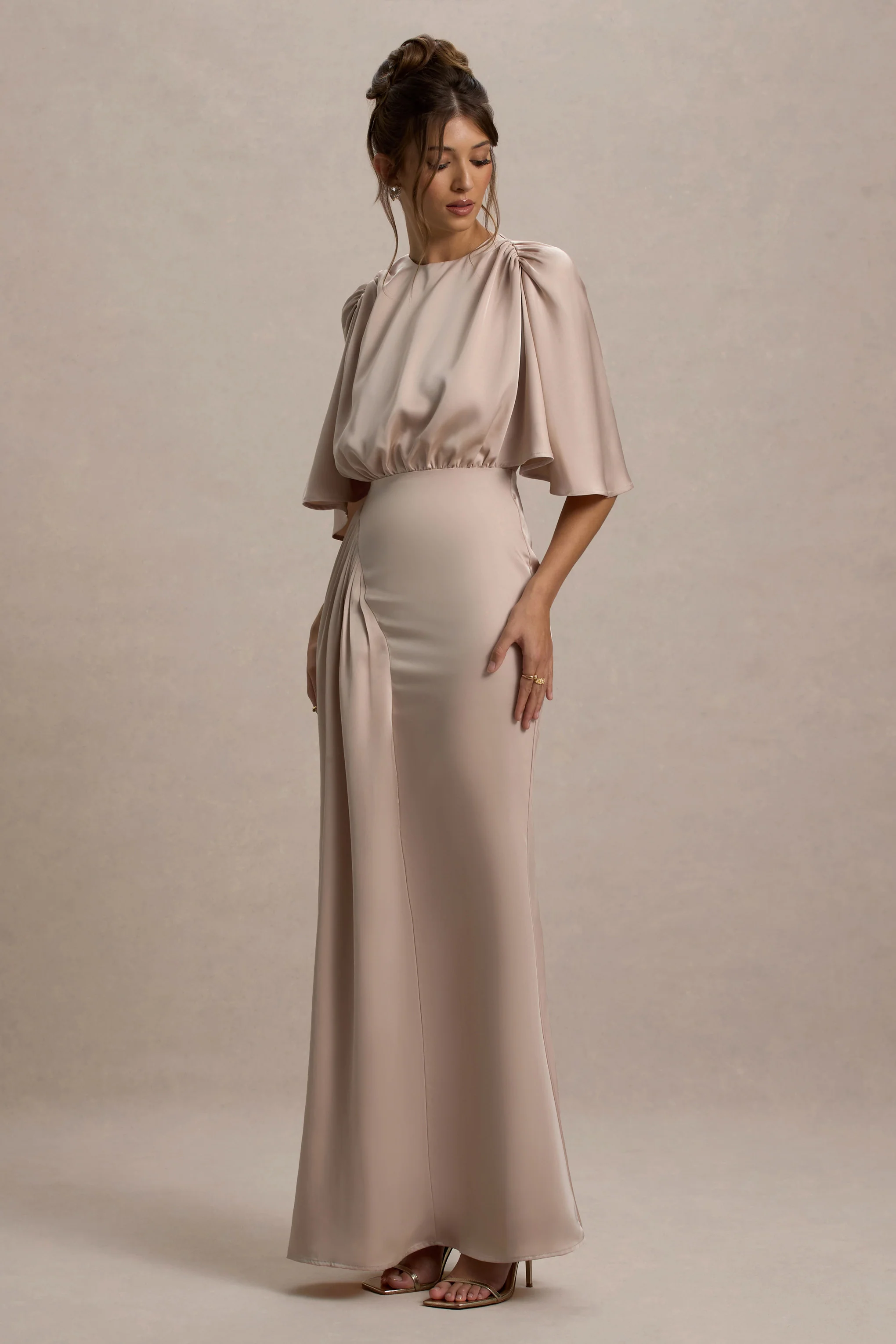 Cinder | Champagne Satin Gathered Maxi Dress