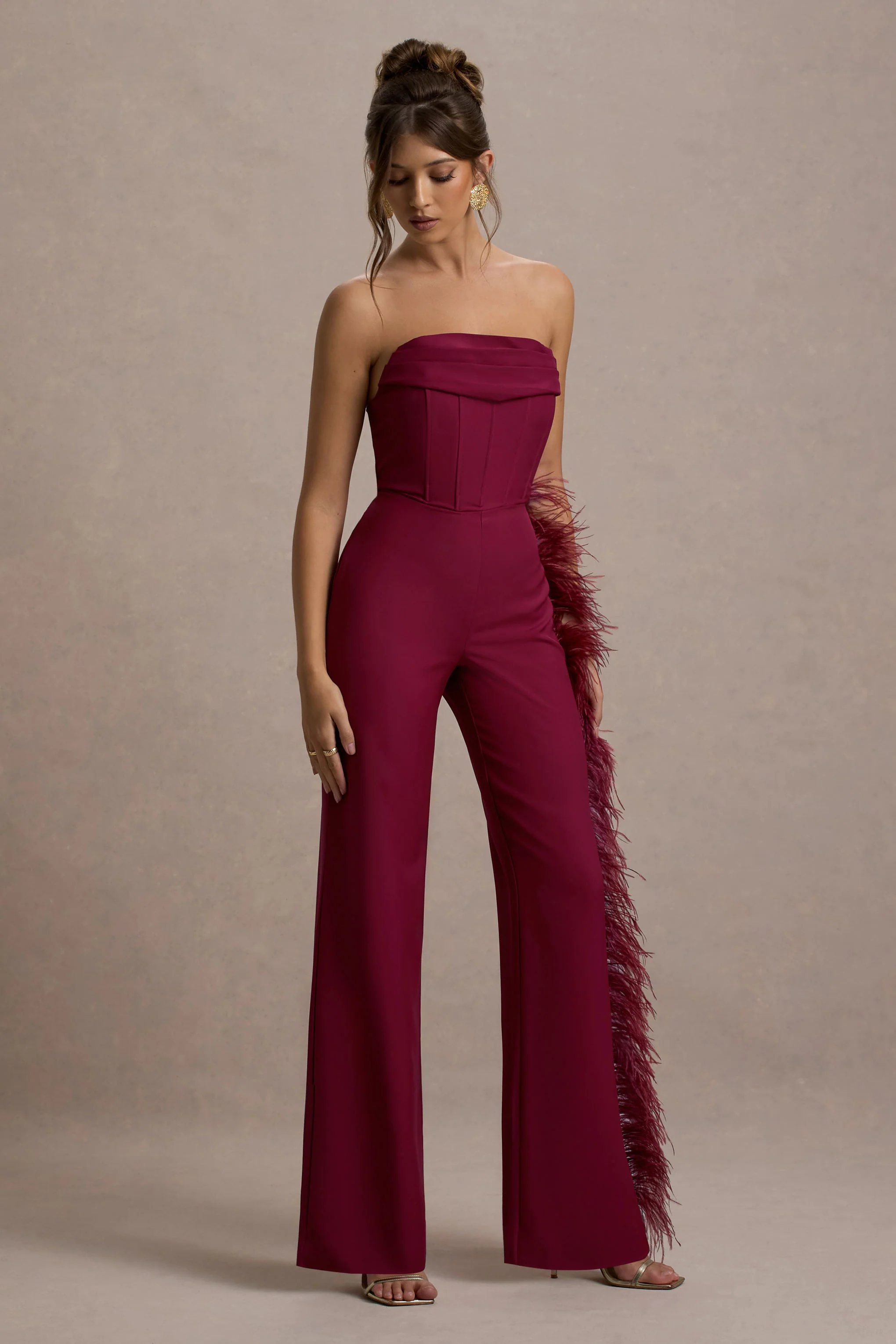 Topic Of Talk | Burgundy Strapless Bandeau Wide-Leg Jumpsuit With Feather Trim