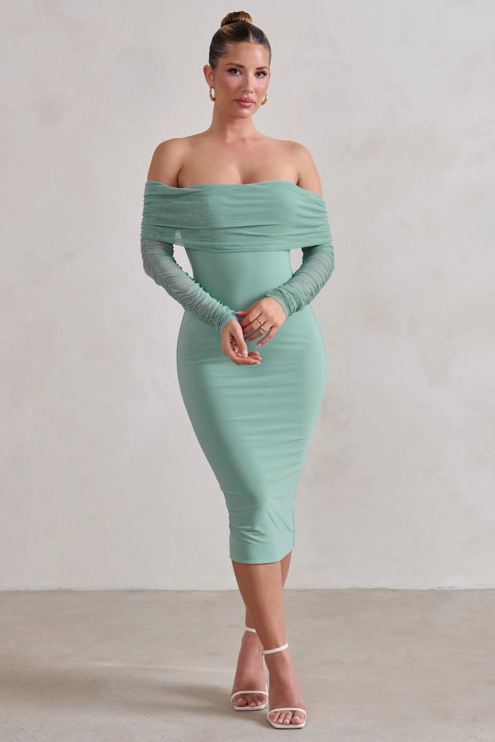 Only You | Sage Ruched Mesh Bardot Midi Dress
