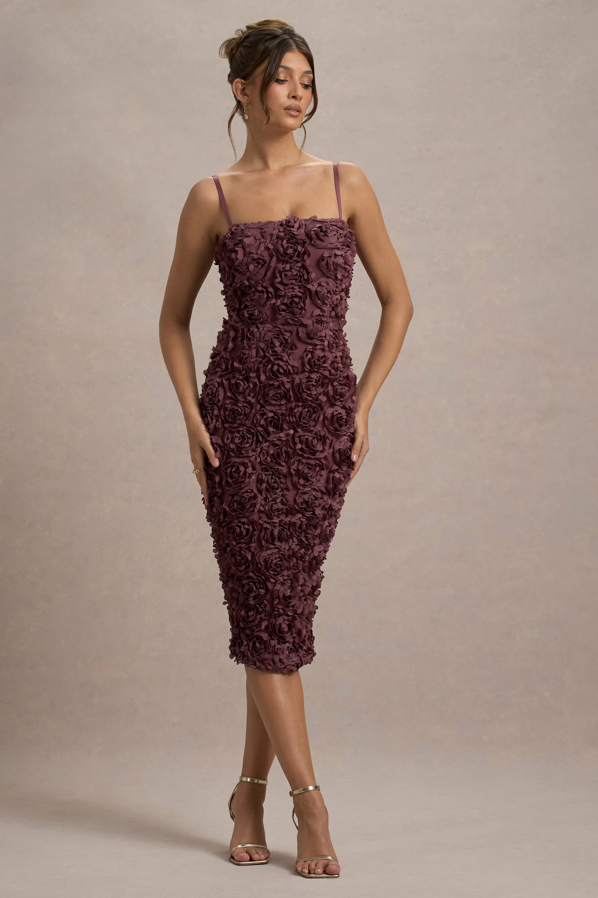 New Love | Dark Mauve Strappy Midi Dress With Mesh Flowers