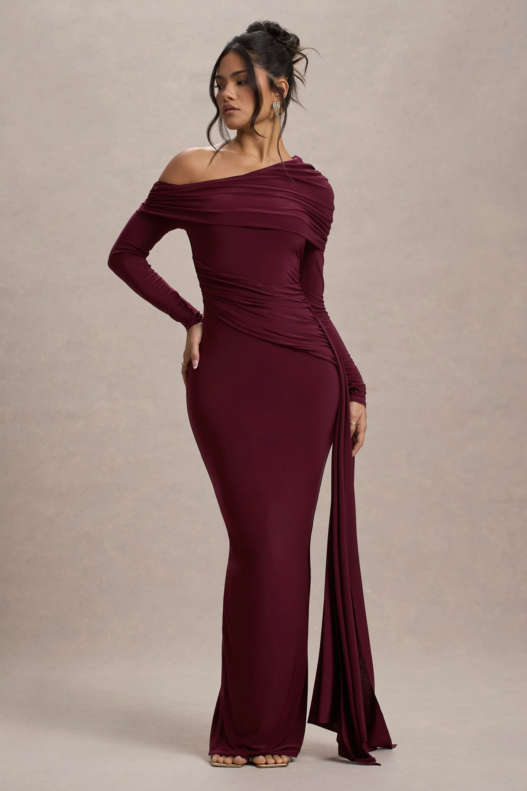 Valina | Burgundy Ruched Asymmetric Maxi Dress With Drape