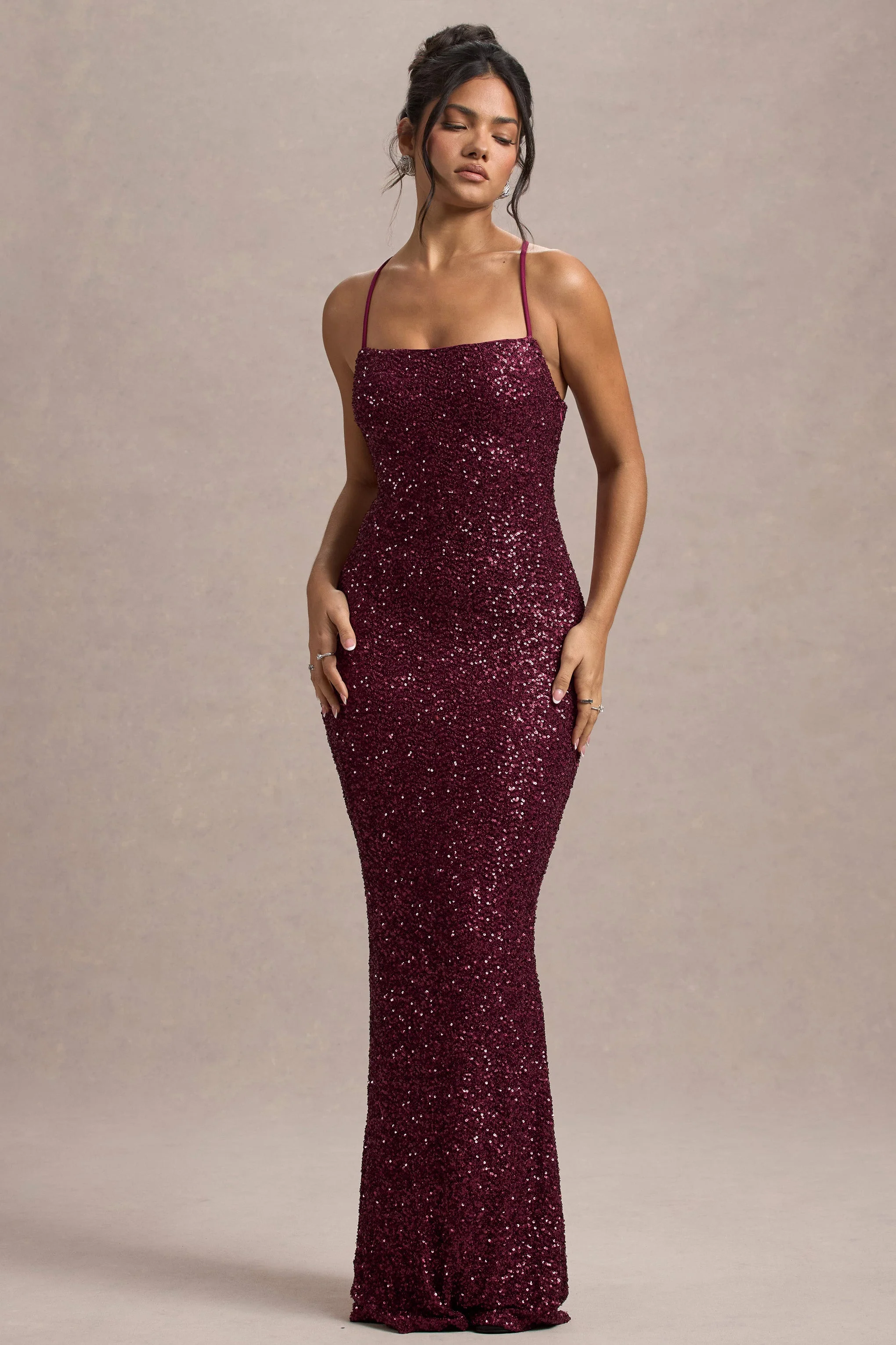 Cosmic | Berry Sequin Square-Neck Strappy Maxi Dress