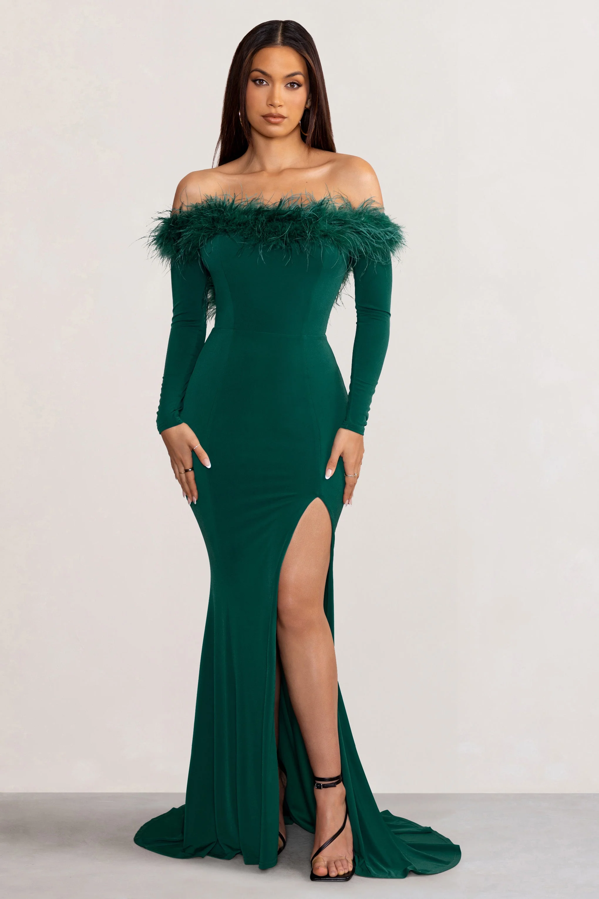 Lucilu | Bottle Green Feather Bardot Long Sleeve Maxi Dress with Side Split