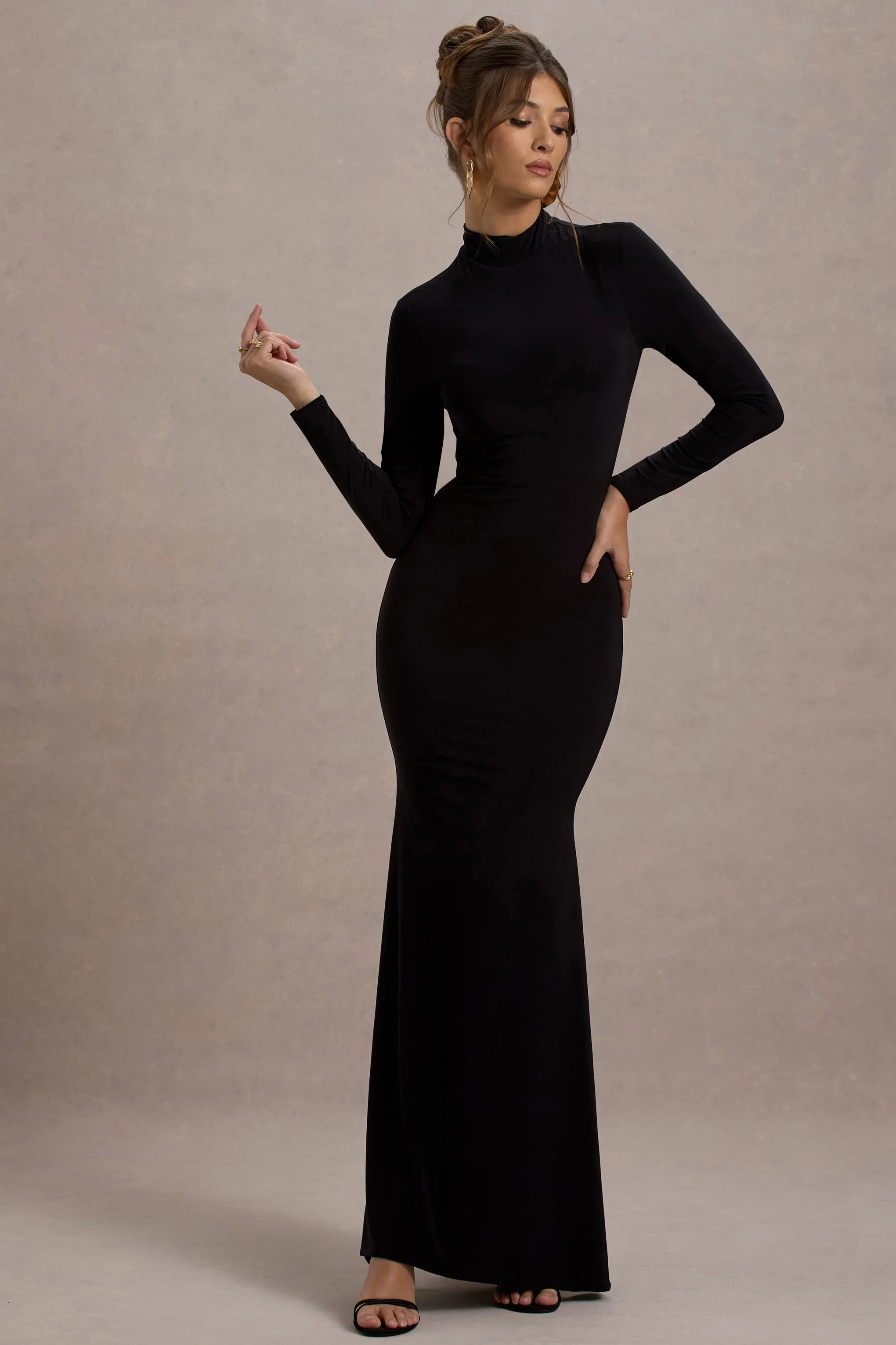 Tova | Black High-Neck Long-Sleeve Fishtail Maxi Dress