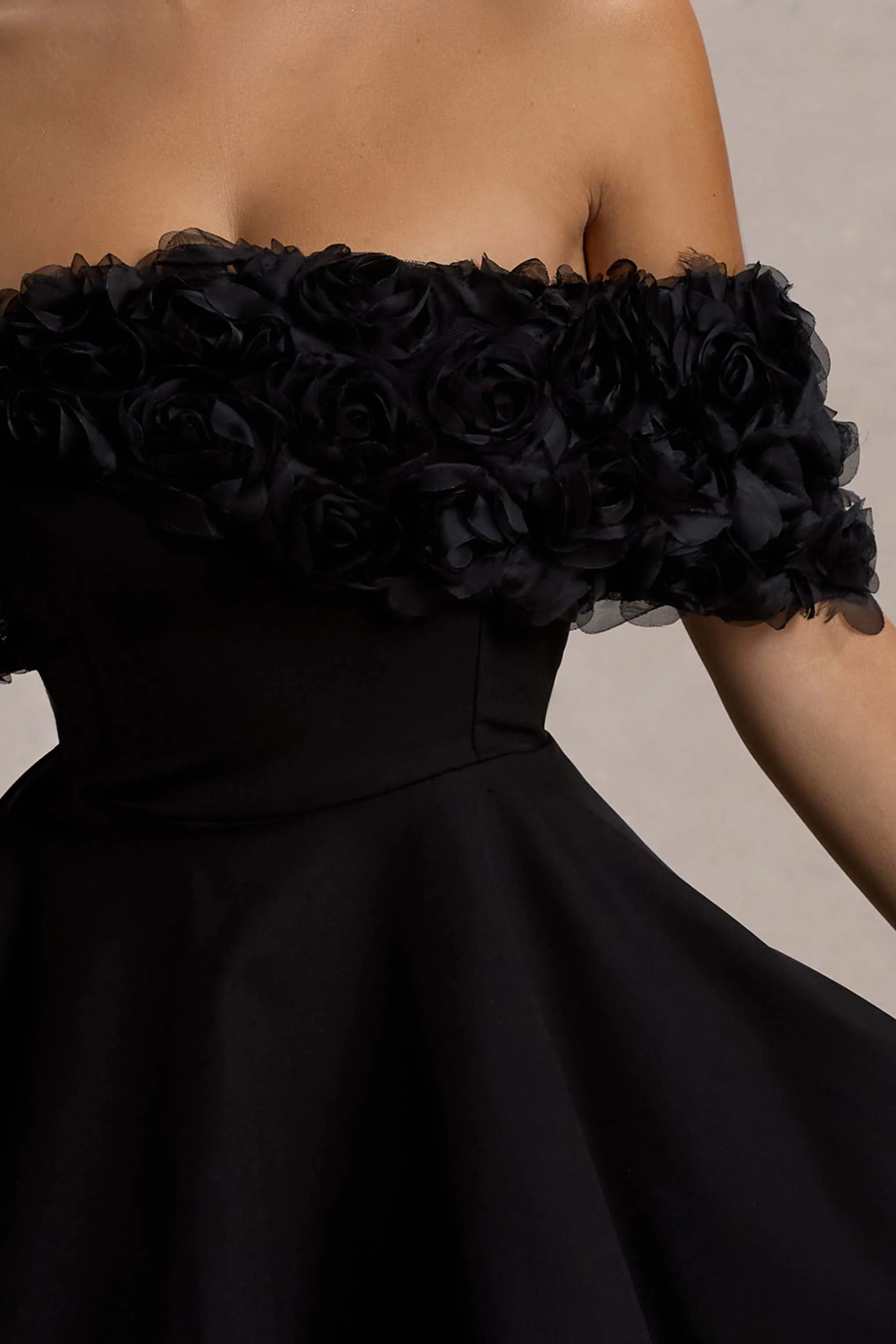 Micro Muse | Black Floral Bardot Mini Dress