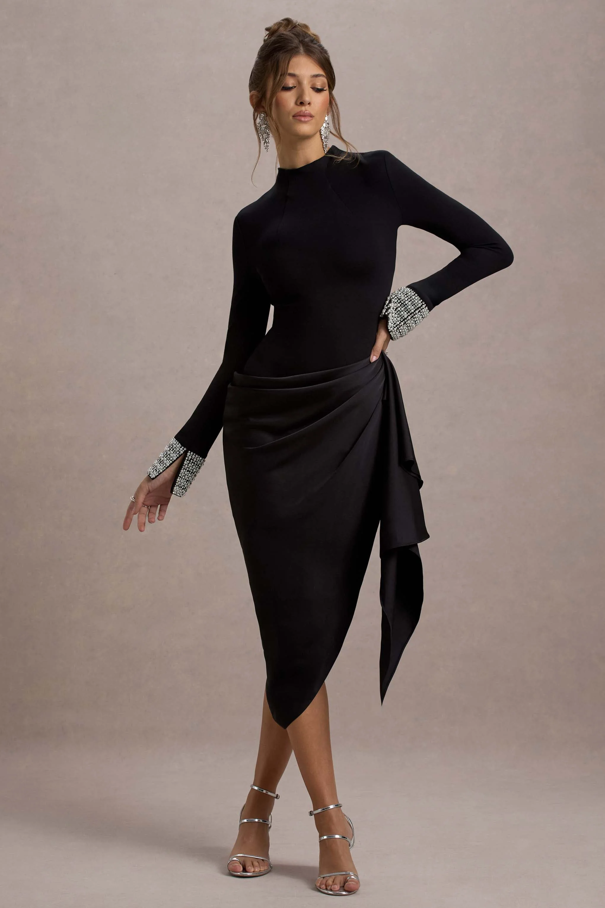 Luanna | Black Satin Long-Sleeve Midi Dress With Draped Skirt