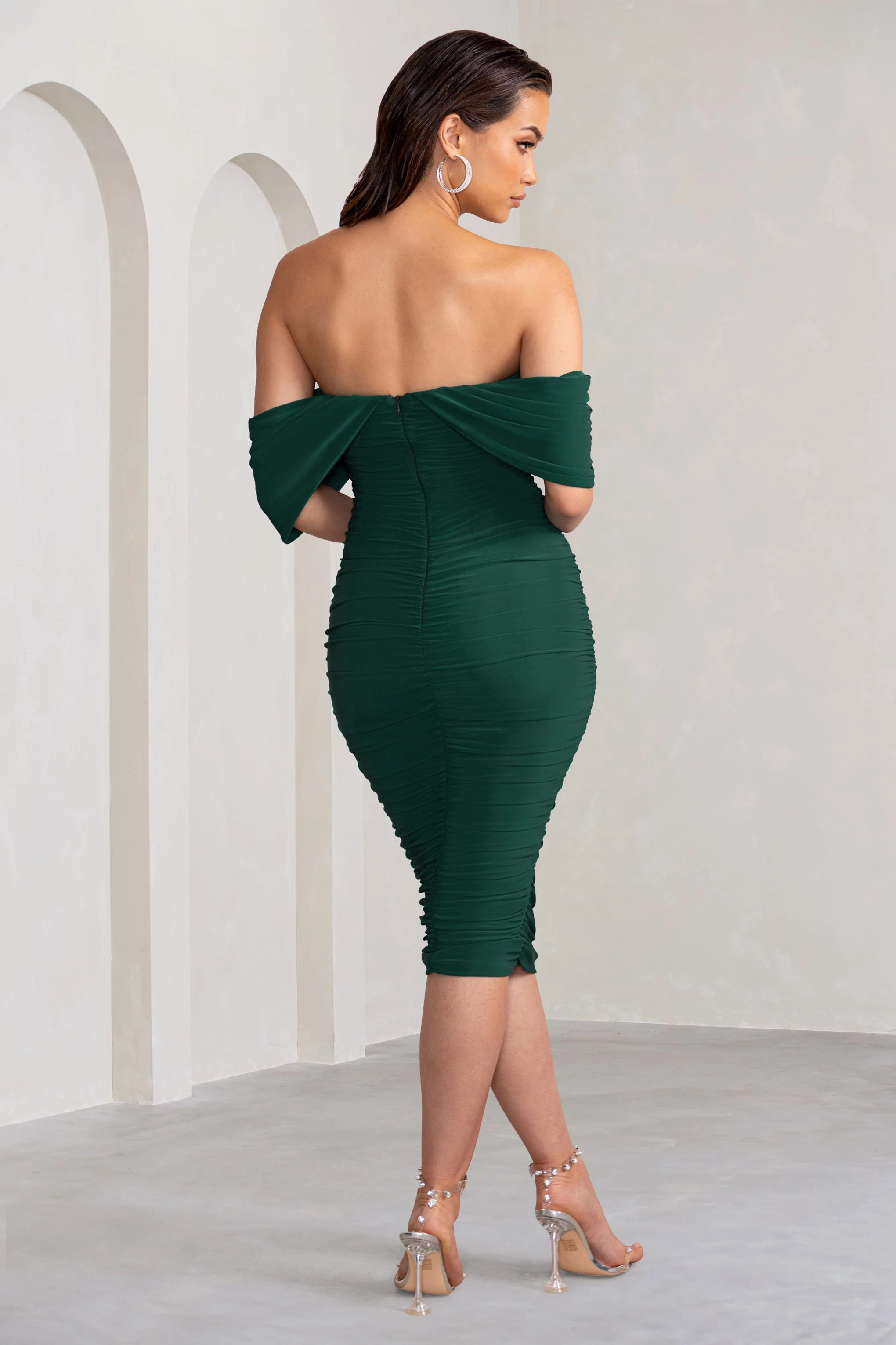 Love Me | Bottle Green Off The Shoulders Ruched Midi Dress