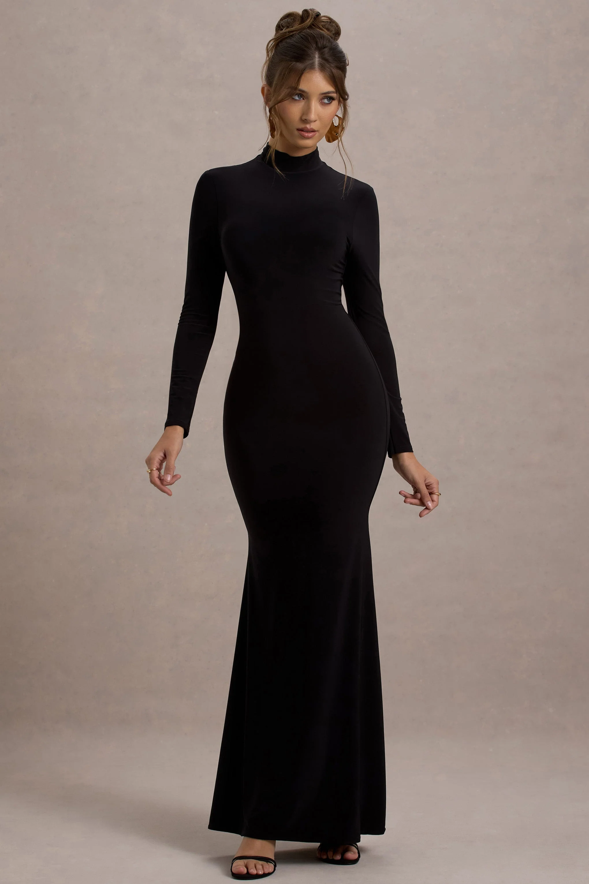 Tova | Black High-Neck Long-Sleeve Fishtail Maxi Dress